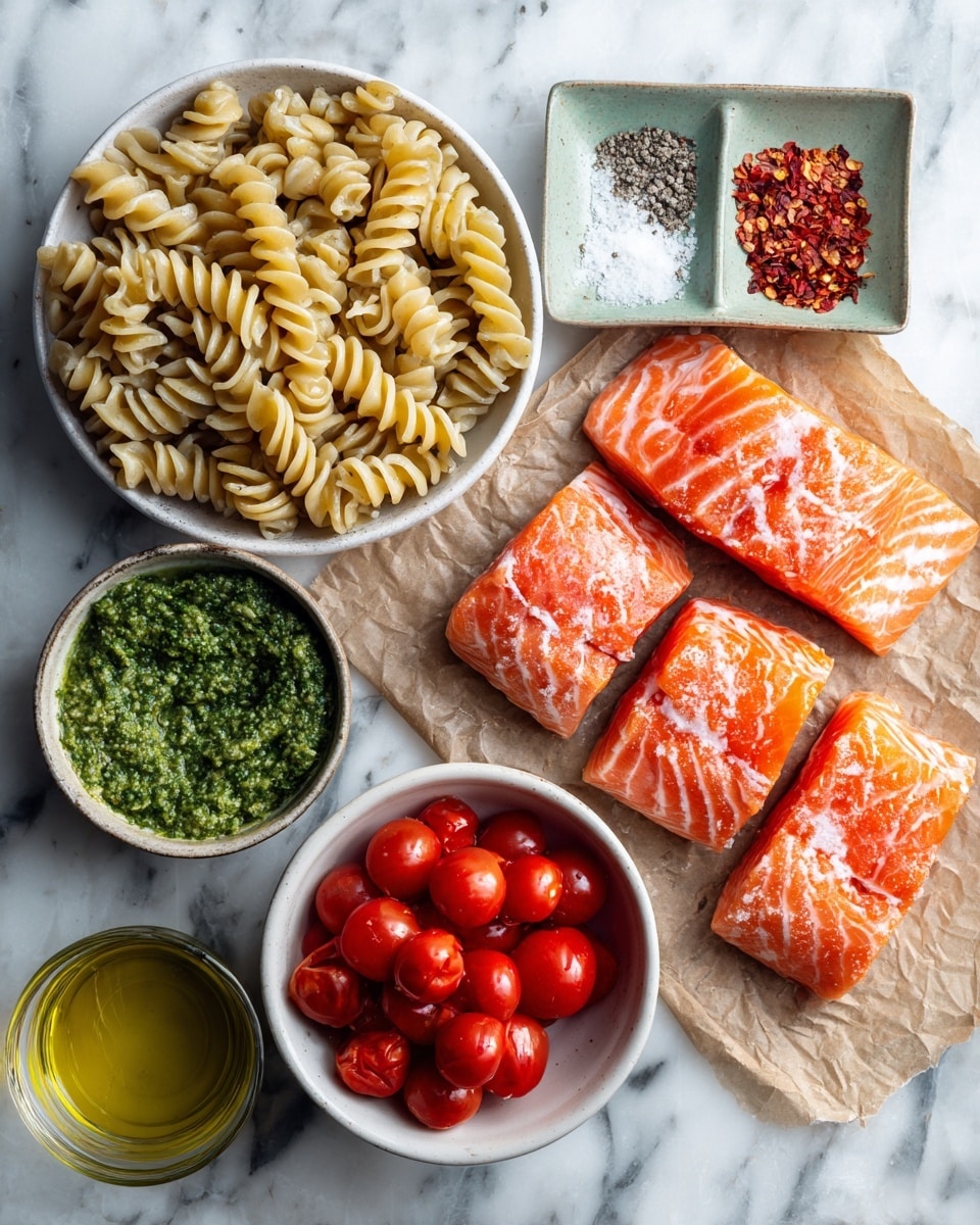 The image shows ingredients arranged neatly on a white marbled surface. There are three pieces of raw salmon with bright orange and white lines placed on brown parchment paper on the right side. Near the salmon is a small white bowl with red pepper flakes inside. Below that is a round light beige bowl filled with bright red halved cherry tomatoes. Above the tomatoes, a small square mint green dish holds salt and black pepper. To the top left are whole wheat rotini pasta in a white square bowl. A round white bowl filled with green pesto sauce is near the pasta. Finally, a small clear glass container with olive oil is placed between the pesto and the salmon. photo taken with an iphone --ar 4:5 --v 7