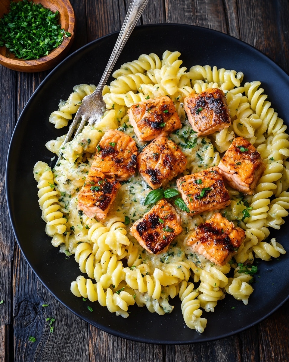 A black plate filled with light creamy yellow spiral pasta at the bottom, topped with nine pieces of golden-brown grilled salmon arranged in a loose pile, each piece showing slight sear marks and a textured surface. Small green basil leaves and finely chopped herbs are scattered over the salmon and pasta, adding a pop of fresh green color. A silver fork rests on the left side of the plate, partially inserted into the pasta. The plate sits on a dark wooden surface with a small wooden bowl of chopped herbs visible in the upper left corner. Photo taken with an iphone --ar 4:5 --v 7