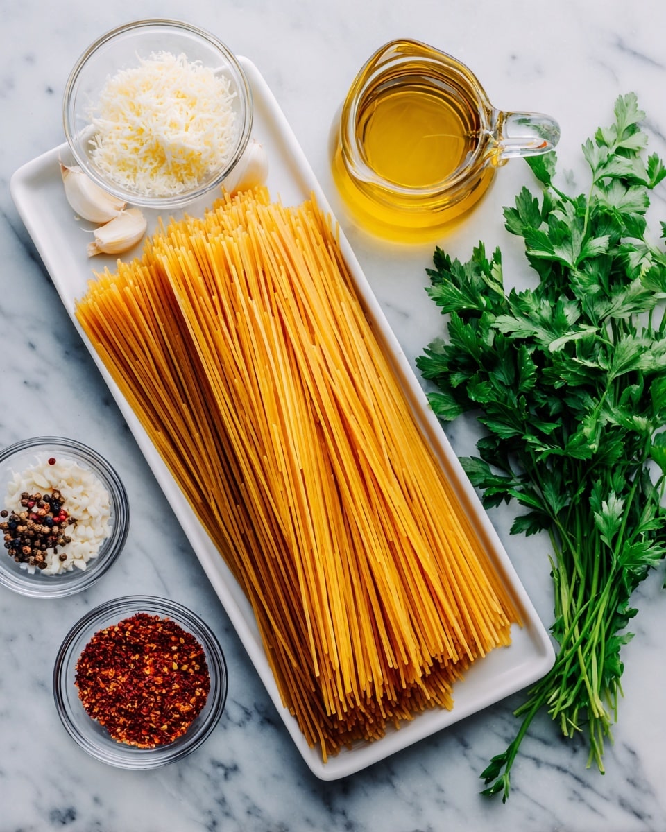 A long rectangular white plate is filled with dry uncooked spaghetti arranged neatly in a tight bundle. Next to it on the white marbled surface are small clear glass bowls holding grated cheese, thin white slices of garlic, red chili flakes, and black pepper. A small glass pitcher filled with golden olive oil sits between the plate and the bowls. To the right, there is a fresh bunch of green parsley with bright leaves. All items are arranged neatly on the surface in a bright, natural light. Photo taken with an iphone --ar 4:5 --v 7