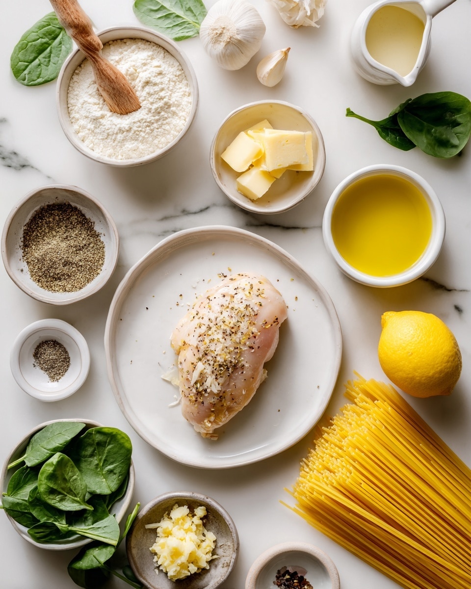 The image shows a white plate in the center with a single pale chicken piece, seasoned lightly with black pepper. Surrounding the plate on a white marbled surface are different small white bowls and containers holding ingredients: a bowl with white flour and a wooden spoon, a jug with cream, a small bowl with golden olive oil, a small bowl of light yellow butter cubes, grated cheese in a bowl, minced garlic in a dark brown bowl, and small bowls with black pepper and salt. There are uncooked long yellow pasta strands placed diagonally near the plate. Fresh green spinach leaves are scattered around the ingredients, and a whole yellow lemon is visible on the surface towards the top right. photo taken with an iphone --ar 4:5 --v 7