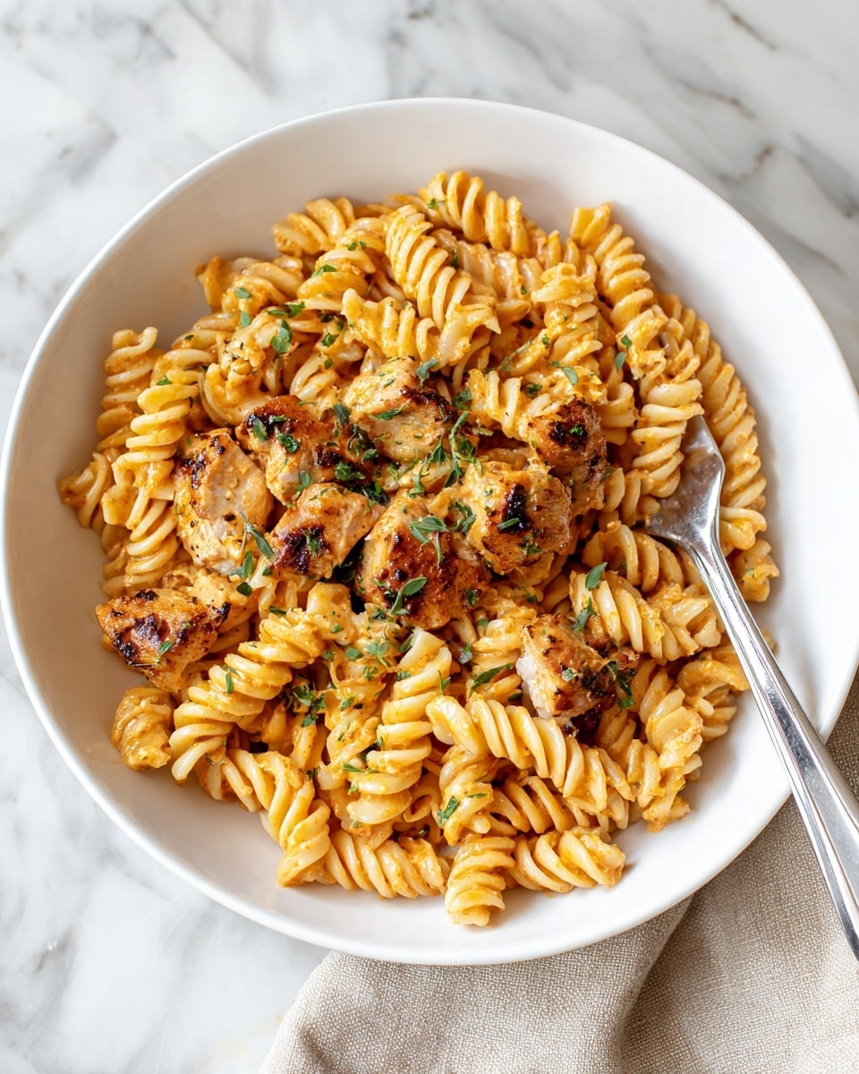 The image shows a white bowl filled with creamy rotini pasta mixed with grilled chicken pieces. The pasta is coated with a smooth, light orange sauce, creating a rich texture. The chicken pieces are browned with slightly charred spots, adding a crispy look. Small green herbs are sprinkled evenly over the pasta and chicken, adding a touch of color contrast. A silver fork is placed inside the bowl, resting on the pasta. The bowl sits on a white marbled surface with a beige cloth napkin nearby. photo taken with an iphone --ar 4:5 --v 7
