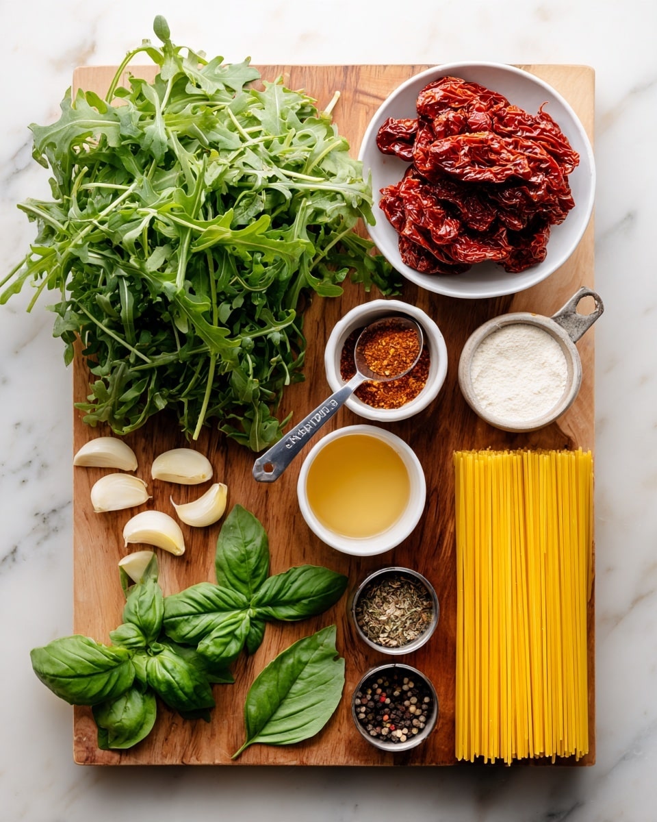 A wooden cutting board on a white marbled surface holds various fresh ingredients neatly arranged. At the top left, there is a bunch of fresh arugula with bright green leaves. To the right, in a white bowl, are deep red sun-dried tomatoes stacked. Below the arugula is a small metal measuring spoon filled with a brown spice next to a white cup filled with a white powdery ingredient. Beside that cup is another small cup with a golden liquid. Near the bottom left, there are several peeled garlic cloves scattered close to two bright green basil leaves. Below and to the right is a small bowl with mixed black and white peppercorns and spices. To the far right at the bottom, a neat bundle of uncooked yellow spaghetti lies flat. Two loose basil leaves are placed between the pepper bowl and spaghetti. photo taken with an iphone --ar 4:5 --v 7