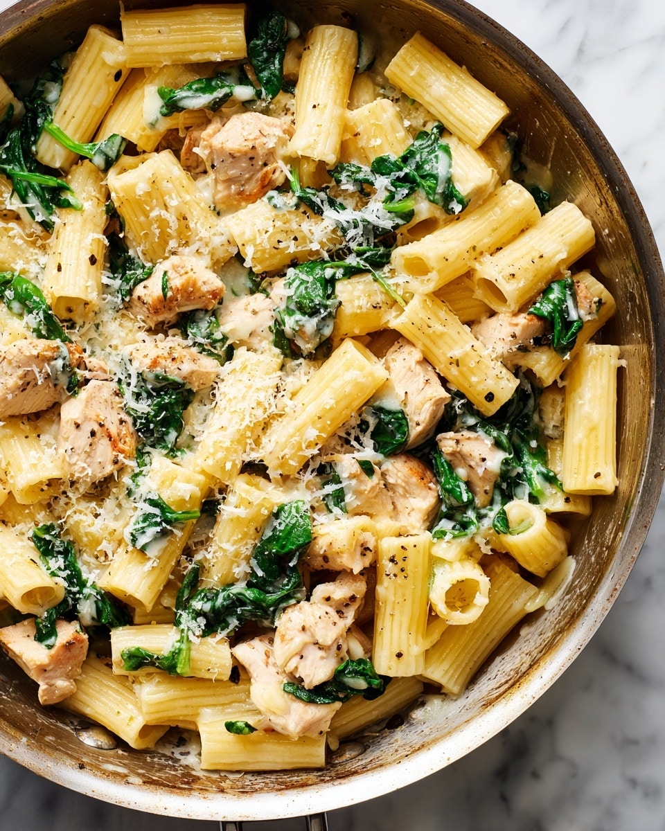 The image shows a close-up of a metal pan filled with cooked rigatoni pasta mixed with small chunks of light brown chicken, bright green spinach leaves, and a creamy sauce that coats the pasta evenly. The dish is topped with grated white cheese scattered all over, adding texture and a light sparkle. The pan's surface has a slightly worn look, with some splashes of sauce around the edges, all placed on a white marbled background. Photo taken with an iphone --ar 4:5 --v 7