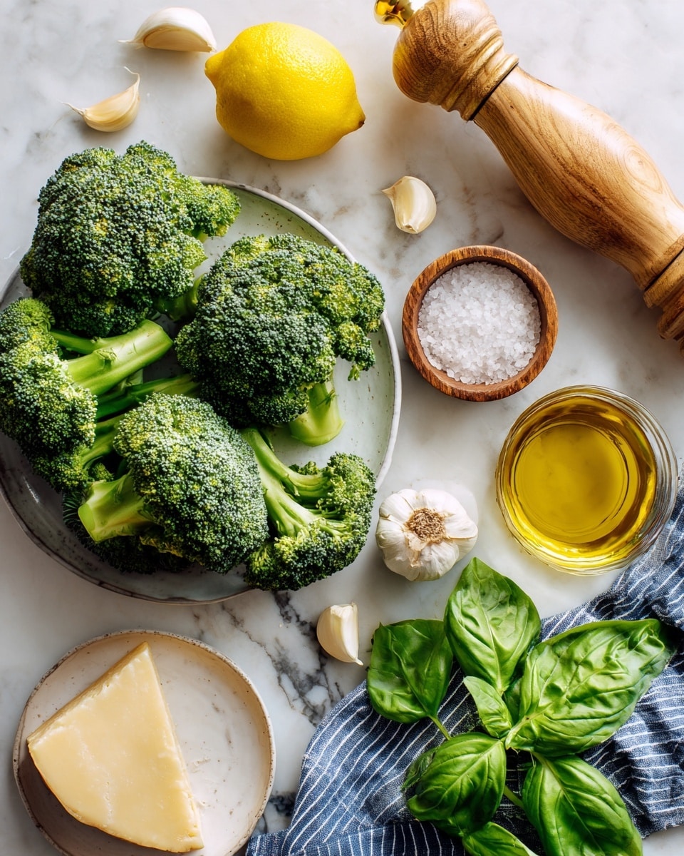 A white marbled surface holds fresh bright green broccoli florets spread in the middle, next to a whole yellow lemon on the upper left. Two peeled garlic cloves rest above the broccoli near a light wooden pepper grinder with a golden top. A small round wooden bowl with white salt arranged in a spiral shape sits near a clear glass cup containing golden olive oil on the right side. In the lower left corner, a small white plate holds a light yellow wedge of cheese with a brown rind. Below the broccoli, there is a bunch of fresh green basil leaves with visible veins, partially covered by a folded blue and white striped cloth. Photo taken with an iphone --ar 4:5 --v 7