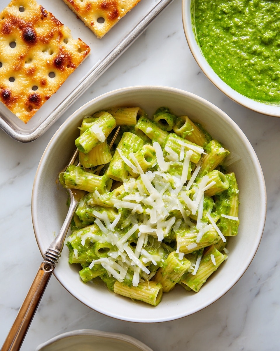 A white bowl filled with short tube pasta covered in a thick bright green sauce, topped with small shreds of white cheese. A fork with a brown and cream handle rests inside the bowl on the left side under some pasta pieces. Above the bowl, on the right, there is a white bowl with a smooth green sauce, and on the top left, there is a white baking tray holding a rectangular toasted golden cracker with small holes. The scene is set on a white marbled surface. Photo taken with an iphone --ar 4:5 --v 7