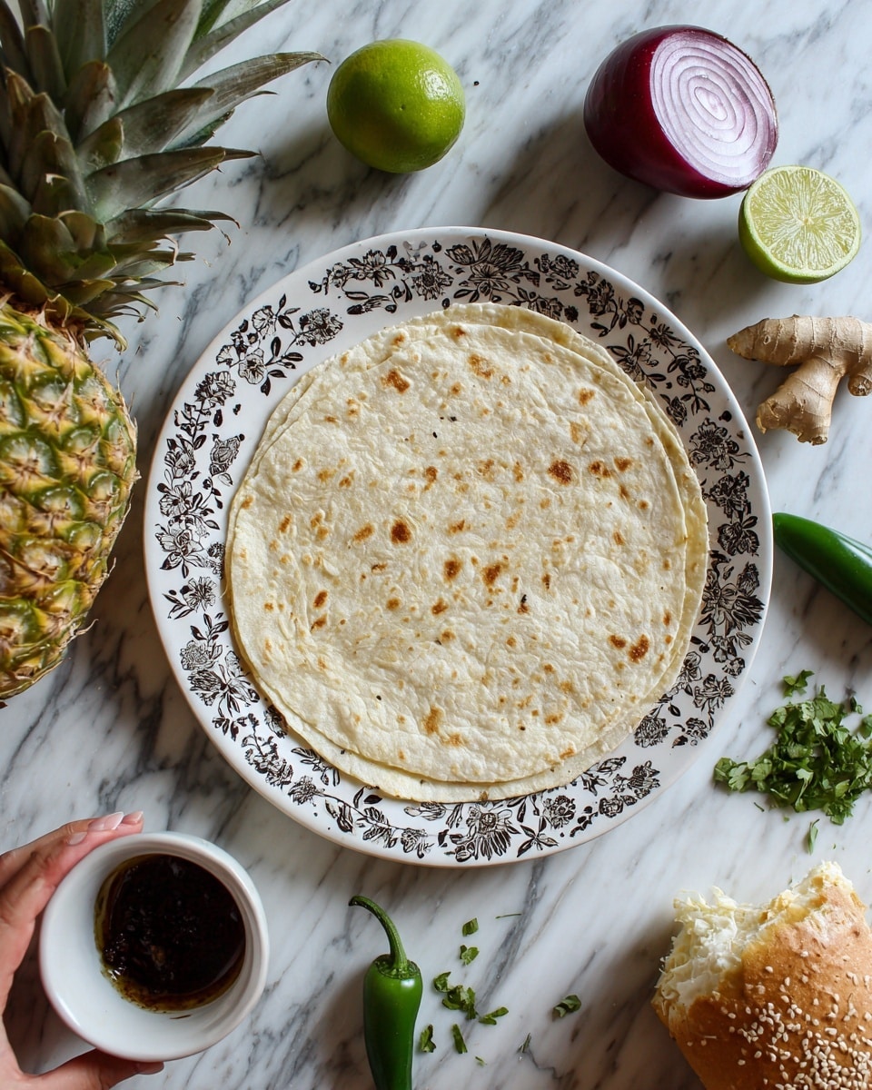 The image shows a flat square white tortilla placed in the middle of a white plate with black floral patterns around the edges. Around the plate on a white marbled surface are various ingredients: a whole pineapple on the top left, a sliced red onion half near the top center, a lime half with bright green flesh, and two pieces of ginger and a garlic clove on the top right. On the bottom left is a small white bowl filled with dark sauce and a whole green jalapeño pepper placed diagonally below the plate. To the bottom right, there is a small pile of chopped green herbs, a half avocado showing its seed, a small white cup with a light liquid, and half of a white bread sandwich bun with sesame seeds. The photo taken with an iphone --ar 4:5 --v 7