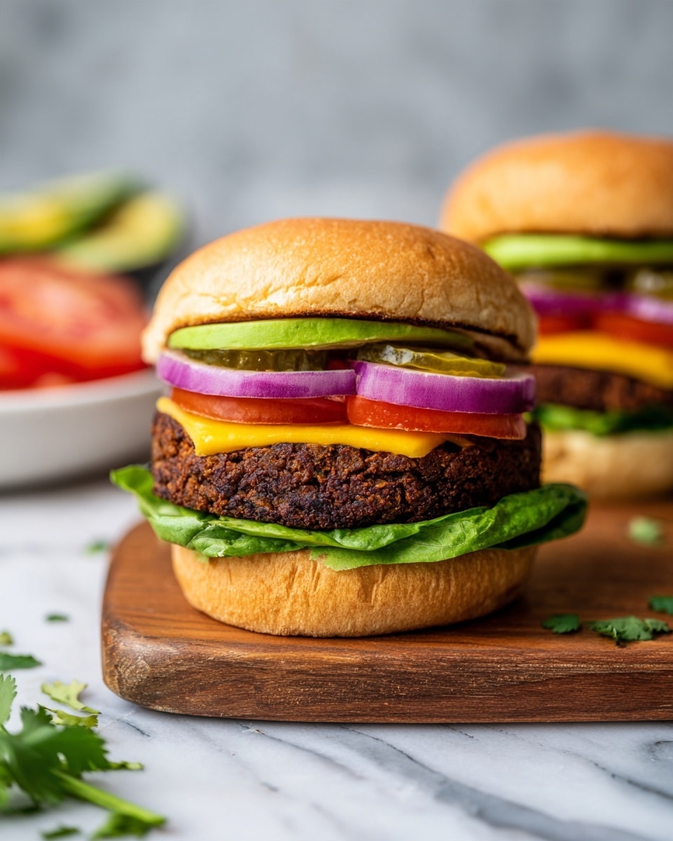 A close-up view of a veggie burger on a lightly toasted golden brown bun placed on a wooden surface over a white marbled background. The burger has five visible layers: at the bottom, bright green leafy lettuce, followed by a thick, dark brown veggie patty with a rough texture. Above the patty is a layer of melted yellow cheese. On top of the cheese are sliced pickles, then a ring of purple onion, a slice of red tomato, and finally two slices of green avocado under the top bun. In the blurry background, there is another burger and a white plate with sliced tomatoes and red onions. Some cilantro leaves are scattered on the surface. photo taken with an iphone --ar 4:5 --v 7