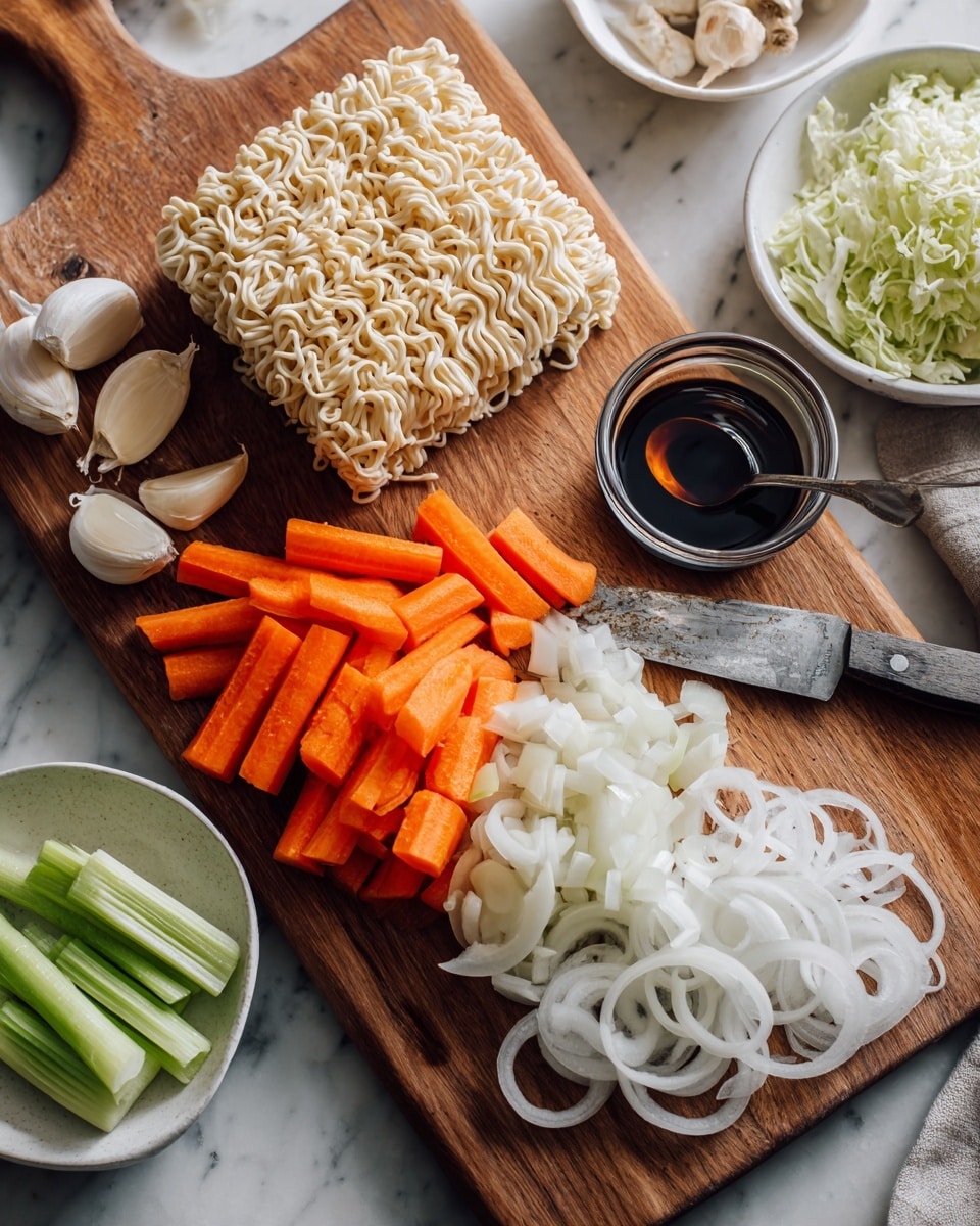 A round block of uncooked ramen noodles with a pale creamy color sits on the top left of a wooden board, next to several peeled garlic cloves and a small glass cup filled with dark soy sauce and a spoon resting inside. On the board near the center, an old silver knife lays with the blade pointing left, surrounded by bright orange carrot sticks of different lengths and thicknesses, including some large carrot sections. To the right of the carrots, there is a pile of thinly sliced white onions with visible layers. Around the board are various white bowls and dishes: one filled with shredded pale green cabbage, another with fresh bean sprouts, and a third containing long green spring onions and celery sticks. The whole scene is set on a white marbled surface. photo taken with an iphone --ar 4:5 --v 7