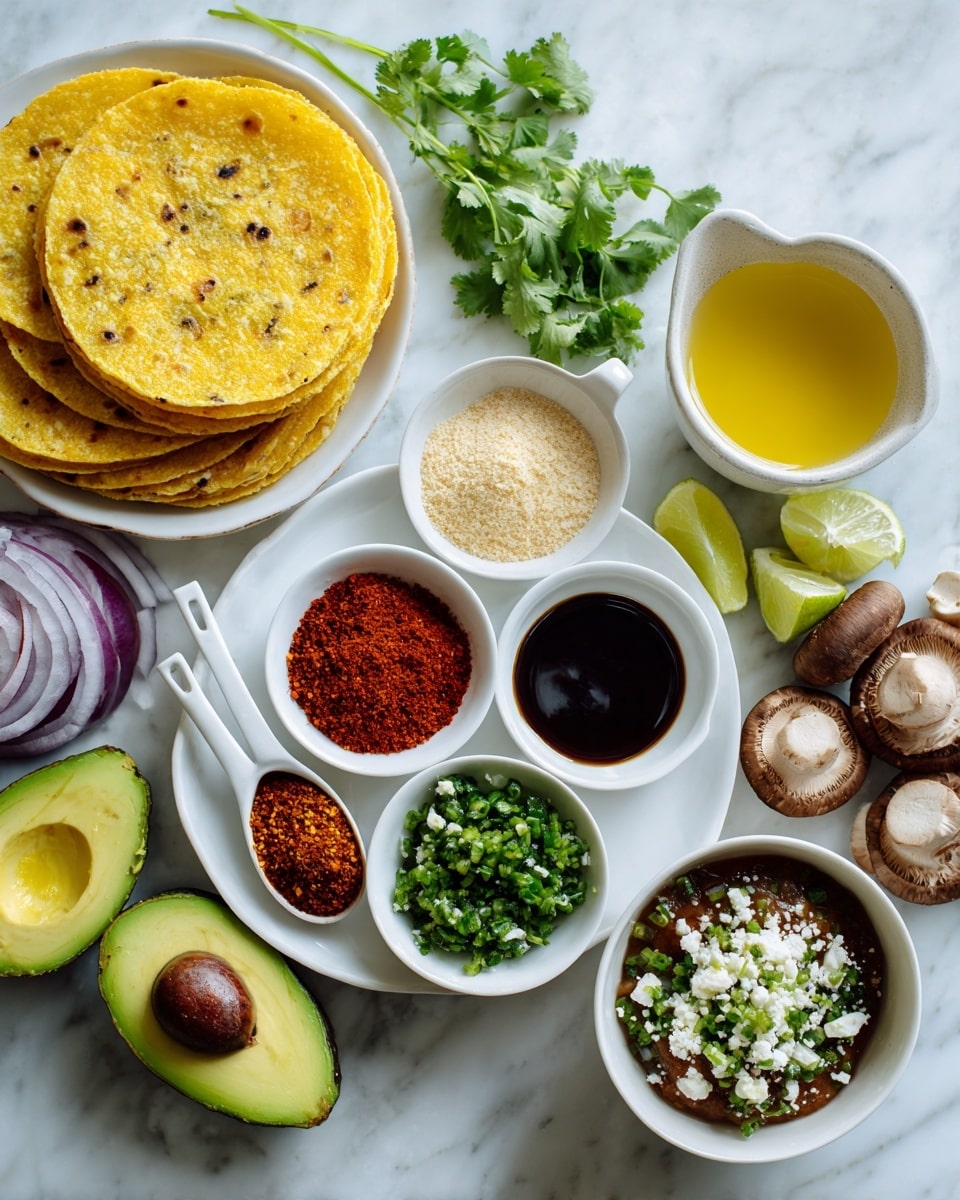 The image shows a white plate with three white measuring spoons holding colorful spices and liquids: one with red chili powder, one with dark soy sauce, and one with a light beige powdered spice. Near the plate, there is a small yellow bowl filled with golden olive oil. On the left side, there are several stacked warm golden-brown corn tortillas. Below, two small white bowls hold green salsa and refried beans topped with crumbly white cheese and a green lime wedge. Fresh vegetable items surround the dishes, including halved avocados with dark brown seeds, lime wedges, chopped red onions in a white bowl, and whole and sliced brown mushrooms. Fresh green cilantro leaves peek near the top. The whole scene sits on a white marbled surface. Photo taken with an iphone --ar 4:5 --v 7