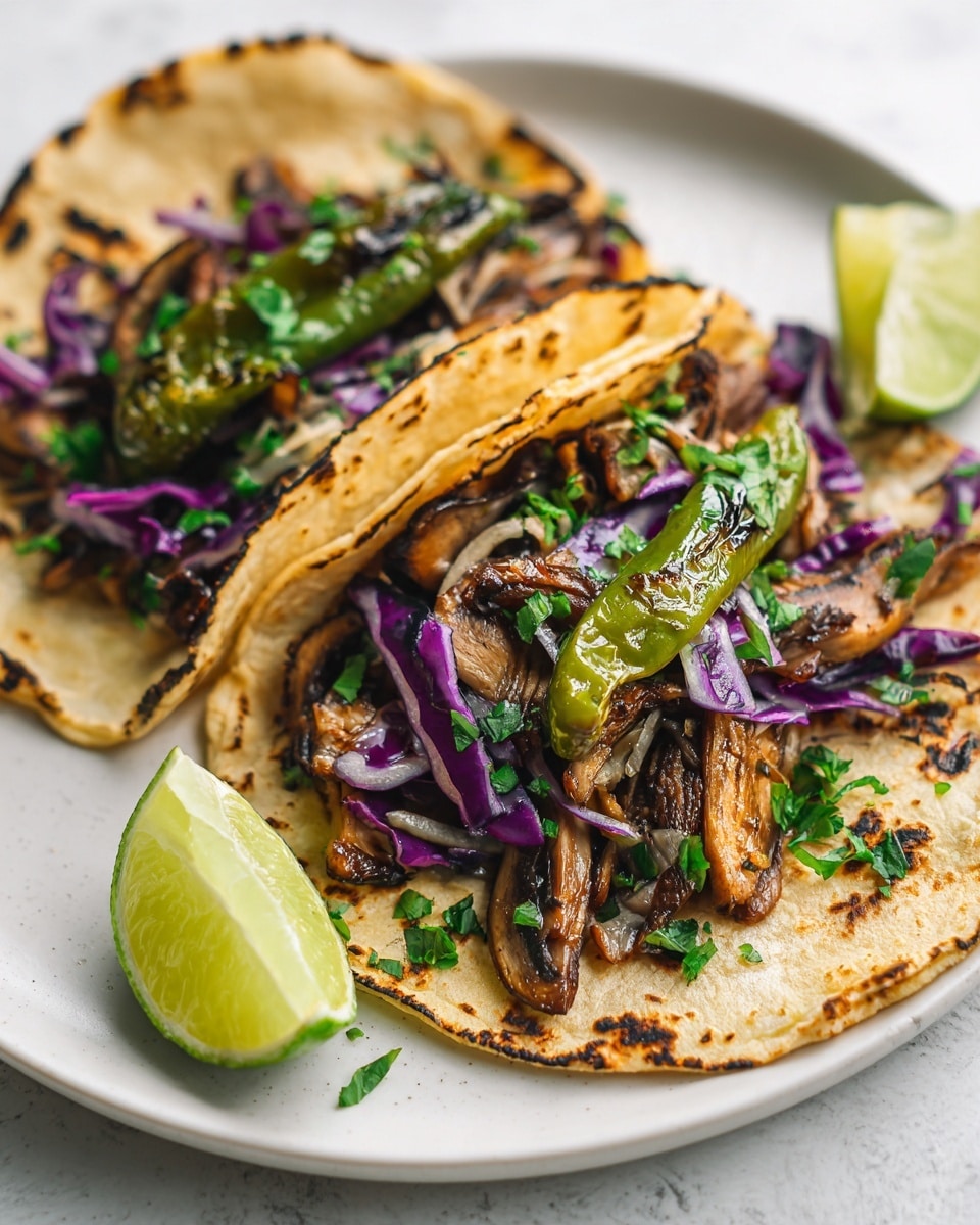 Two tacos sit on a white plate over a white marbled surface, each taco layered with a soft, slightly charred tortilla as the base. Inside the tortillas are layers of purple shredded cabbage, golden-brown cooked mushrooms, and a green grilled pepper on top. Fresh green chopped herbs are scattered over the filling layers. Each taco is garnished with a bright lime wedge placed near the center, adding a pop of light green color. The close-up view highlights the textures of the grill marks, the softness of the cabbage, and the juicy shine of the peppers. Photo taken with an iphone --ar 4:5 --v 7