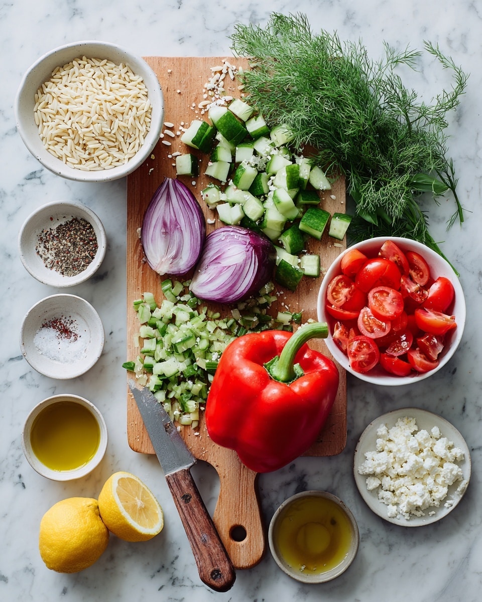 A wooden board sits on a white marbled surface, holding a whole red bell pepper, a halved purple onion, and a whole cucumber partly chopped into small green cubes. A bowl of red cherry tomatoes halved is placed beside the board. Fresh green herbs, including basil and dill, rest on the board and spill onto the surface. Next to the board are a white bowl of uncooked orzo pasta, a small white bowl of crumbled white cheese, and a white dish with lemon zest, salt, and pepper. Two lemon halves lie on the surface, along with a few small bowls containing yellow mustard, golden olive oil, and light brown liquid. A knife with a wooden handle lies next to the board. The scene is bright, colorful, and fresh-looking, photo taken with an iphone --ar 4:5 --v 7