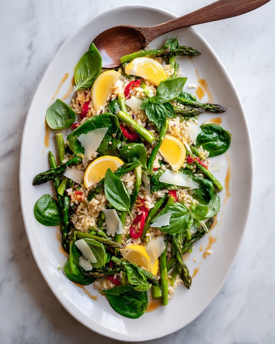 A white oval plate holds a colorful salad with about five layers: at the bottom are bright green spinach leaves; on top, a mix of light brown rice and green asparagus pieces, with scattered small pieces of red bell pepper; thin pale yellow lemon slices are spread across the salad; white thin flakes of cheese are sprinkled generously; fresh green basil leaves are placed on the lemons and edges; a light drizzle of balsamic glaze sits on the edge of the plate; a wooden spoon rests on the upper left side on top of the salad; all placed on a white marbled surface photo taken with an iphone --ar 4:5 --v 7