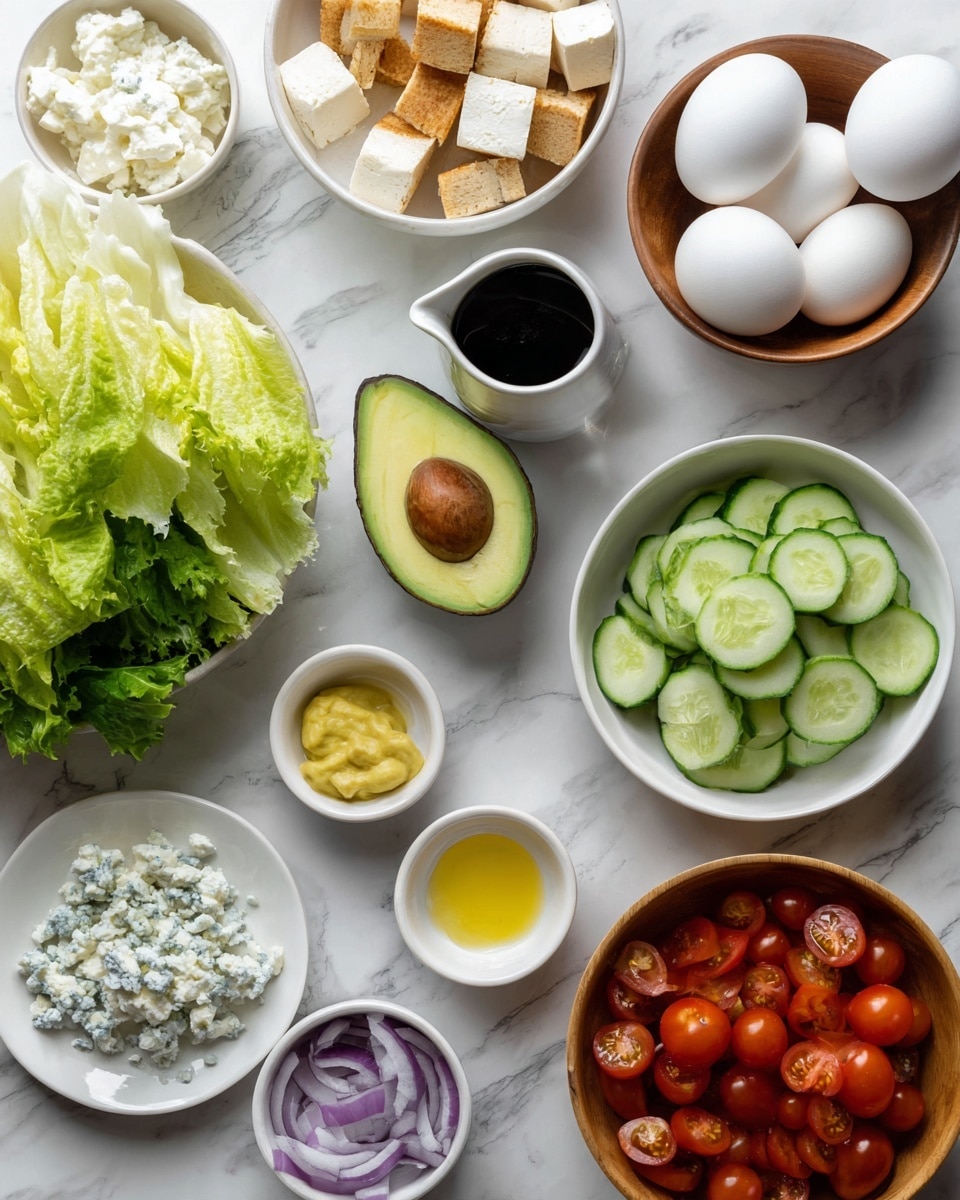 The image shows several white bowls and small dishes placed on a white marbled surface; starting from the top right, there is a wooden bowl with four white eggs, below it a white bowl with light brown tofu cubes, next to it a small white pitcher with dark dressing, below that a larger white bowl filled with sliced green cucumber wedges, two small white bowls with yellow mustard and purple sliced shallots just below, on the left a dark green halved avocado, above that fresh bright green lettuce heads, a small white plate with blue cheese crumble, and a white bowl filled with halved red cherry tomatoes; all ingredients are neatly arranged and display fresh and vibrant colors photo taken with an iphone --ar 4:5 --v 7