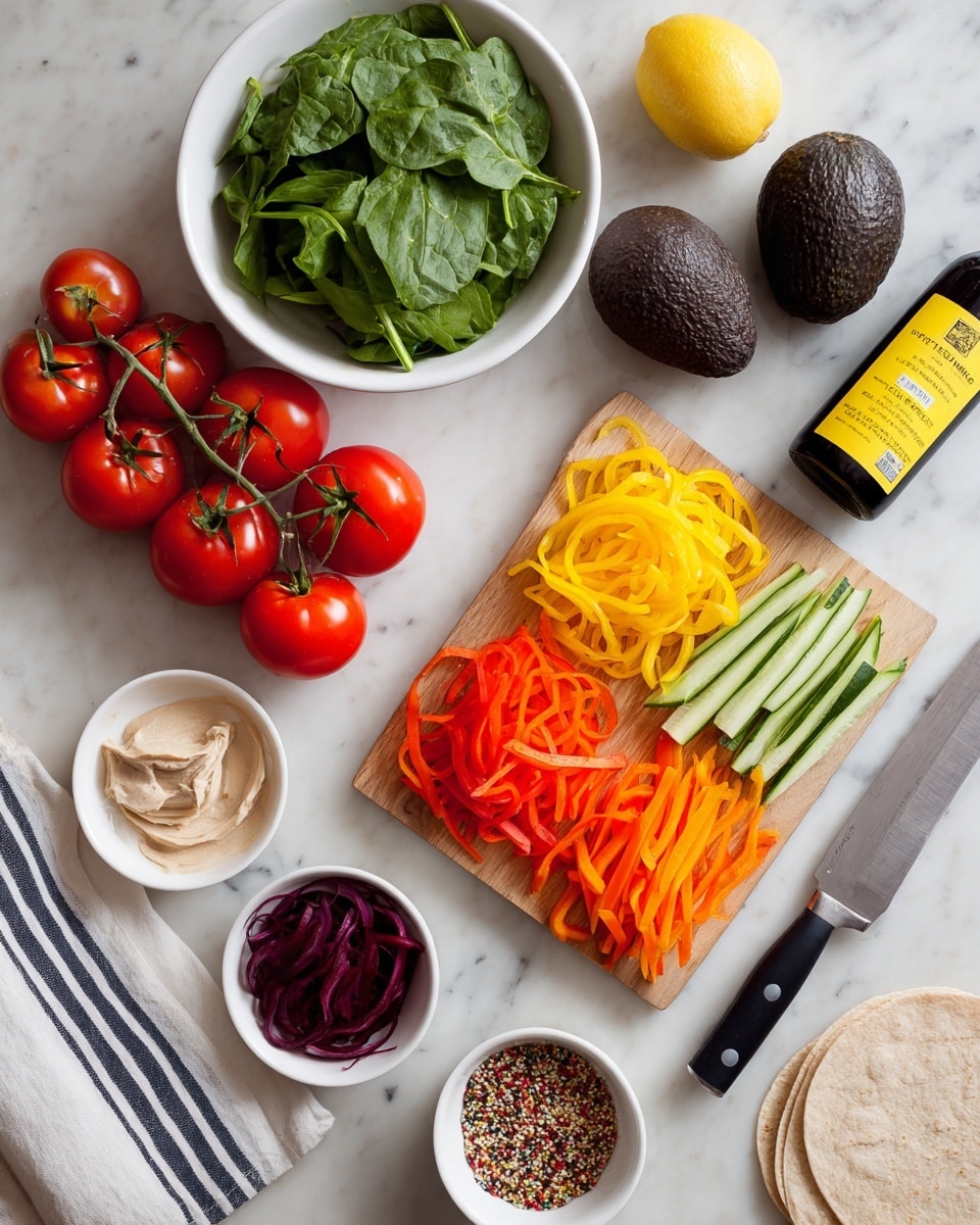A top view of a food prep scene on a white marbled surface showing a cluster of four red tomatoes on a vine placed on the left side of a small wooden and white cutting board. On the board to the right, a white plate holds three separate piles of thinly sliced yellow bell pepper strips at the bottom left, bright orange carrot sticks in the bottom right, and green cucumber sticks arranged vertically along the right edge. Below the plate are two small white bowls, one filled with thin dark red beet strips and the other with curved light purple onion slices. At the top left corner of the image, a white bowl full of fresh green spinach leaves is placed. To the right of the plate there’s a whole dark brown avocado and a yellow lemon. Above and to the right is a dark glass bottle with a yellow label. At the bottom right are two light brown round wraps stacked. Below and to the left are two more small white bowls containing a beige creamy spread and a multicolored seed mix. A black handled knife lies flat on top of a white cloth with navy stripes on the left side of the cutting board. photo taken with an iphone --ar 4:5 --v 7
