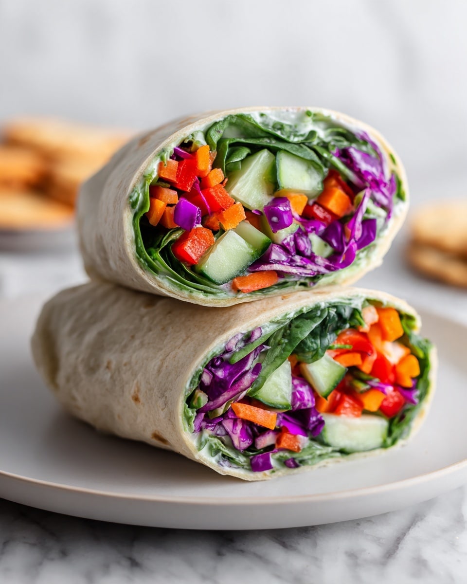 Two tortilla wraps stacked one on top of the other on a white plate. Each wrap is filled with layers of fresh vegetables: bright green cucumber chunks and leafy spinach at the bottom, followed by vibrant purple cabbage, finely chopped red bell pepper, and thin orange carrot sticks. A light creamy white spread is visible inside the wraps, adding a smooth texture between the vegetables and the soft beige tortilla. The background is a white marbled texture with a few crackers blurred in the distance. photo taken with an iphone --ar 4:5 --v 7