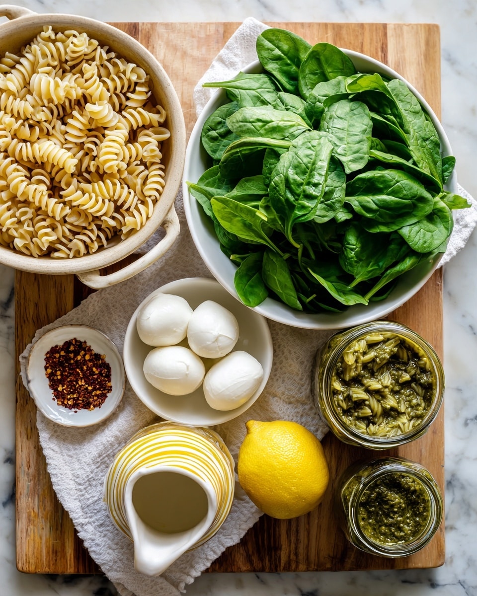 The image shows a variety of fresh pasta ingredients arranged on a wooden surface. In the top left, there is a beige colander filled with short, spiral-shaped pasta. To the right, a white bowl contains fresh green spinach leaves with a slightly glossy texture. Below the colander on a white textured cloth, there is a small white bowl holding crushed red pepper flakes. Next to it sits a bright yellow lemon, adding a vibrant pop of color. Below the lemon, a container holds two white, smooth balls of fresh mozzarella cheese. Two jars are placed to the right of the cheese: one with green basil pesto sauce and the other with marinated artichokes. The background also includes a white pitcher with yellow stripes on a wooden board, set against a white marbled texture. photo taken with an iphone --ar 4:5 --v 7