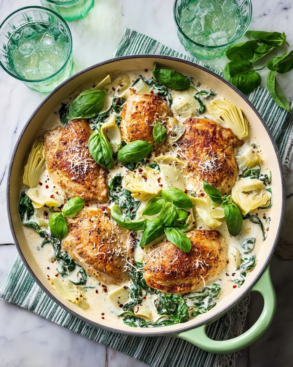 A light green pan holds four browned pieces of chicken layered at the bottom surrounded by a creamy white sauce mixed with pieces of light yellow artichokes and fresh bright green spinach leaves. The sauce is thick and covers much of the chicken and vegetables but leaves some edges visible. Scattered fresh green basil leaves top the dish, with a sprinkle of grated white cheese and small black and red spice flakes adding texture and color contrast. The pan sits on a green and white striped cloth over a white marbled surface, with two clear green glasses filled with sparkling water beside it. Photo taken with an iphone --ar 4:5 --v 7