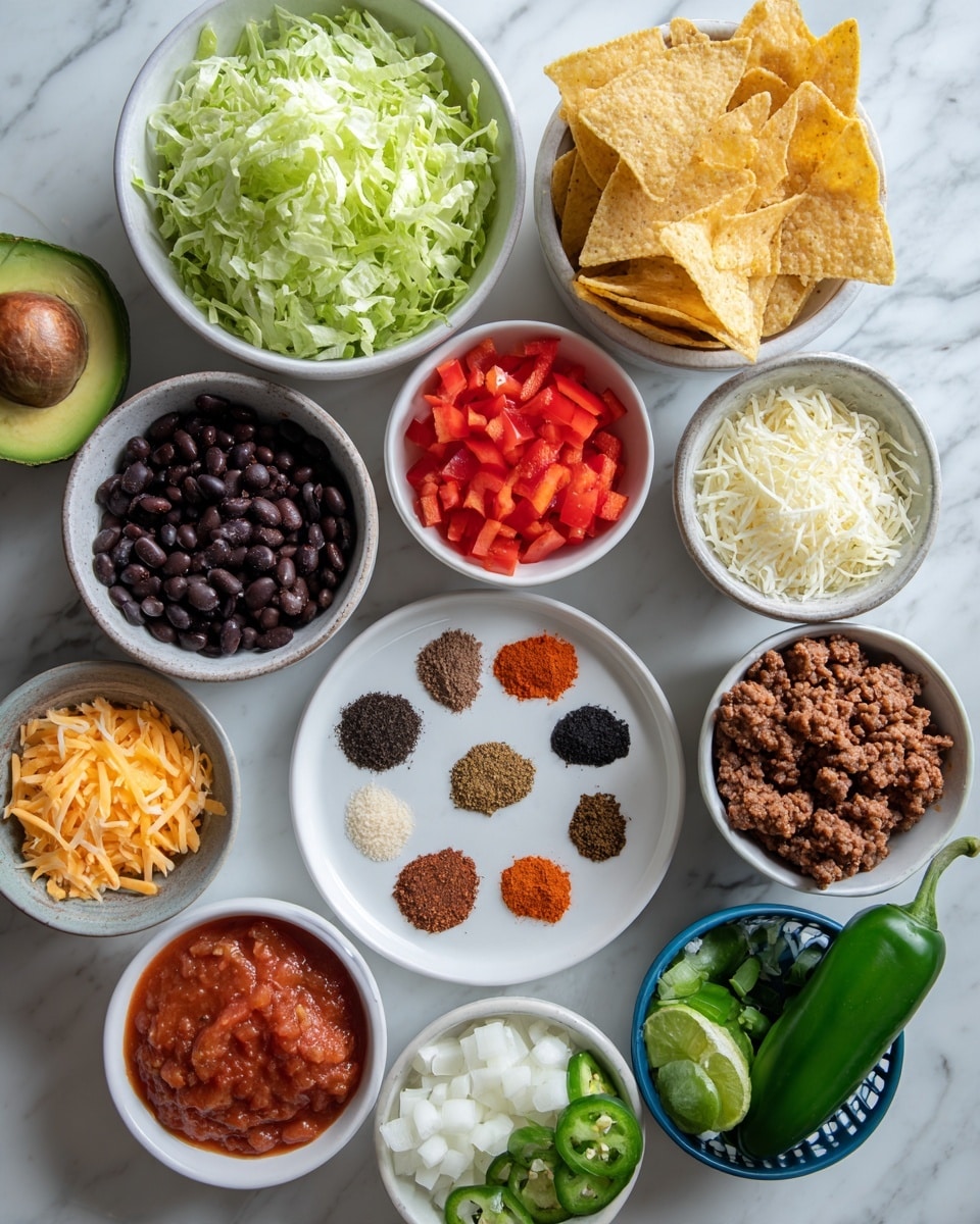 A top-down view of multiple small white bowls arranged neatly on a white marbled surface, each holding different fresh ingredients. One bowl has shredded lettuce, another holds dark black beans, a third is filled with diced red peppers, and a fourth contains a chunky red sauce. There is a plate with eight different spices arranged in small piles in the center, with colors ranging from red, brown, and beige to black. A separate bowl holds shredded orange and white cheese. Nearby, a blue basket holds light yellow tortilla chips. Fresh ingredients like a halved avocado, green jalapeno, red bell pepper, chopped onions, and a portion of ground meat are also placed on the surface. Photo taken with an iphone --ar 4:5 --v 7