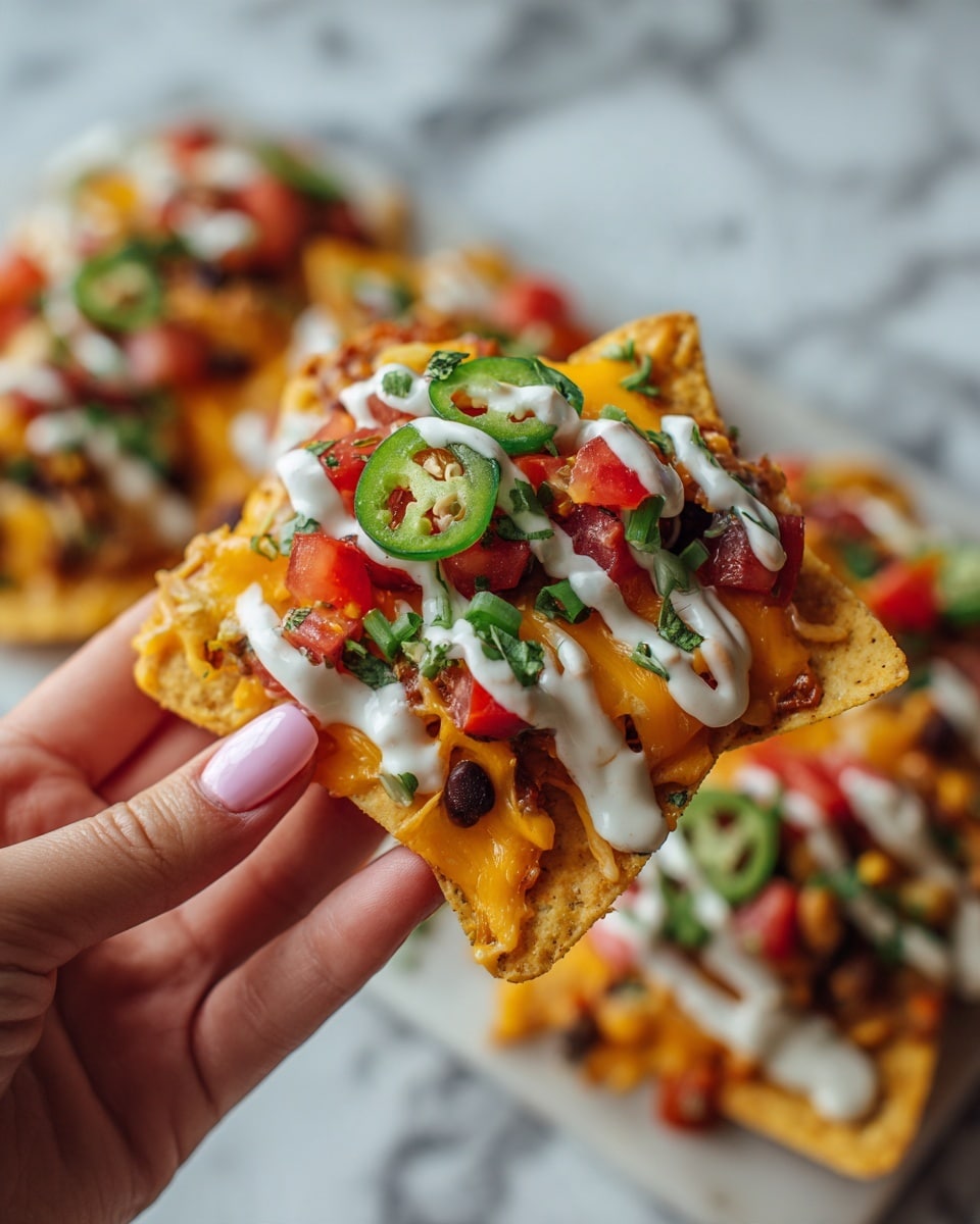 A woman’s hand with light pink nails holds a single nacho chip loaded with layers starting from a base of crispy golden-yellow chip, topped with melted orange cheddar cheese, small pieces of red tomatoes, dark brown beans, green jalapeño slices, and drizzled with thick white sauce flecked with green herbs, garnished with bright green sliced scallions. The background shows more nachos with similar toppings on a white marbled surface, out of focus. photo taken with an iphone --ar 4:5 --v 7