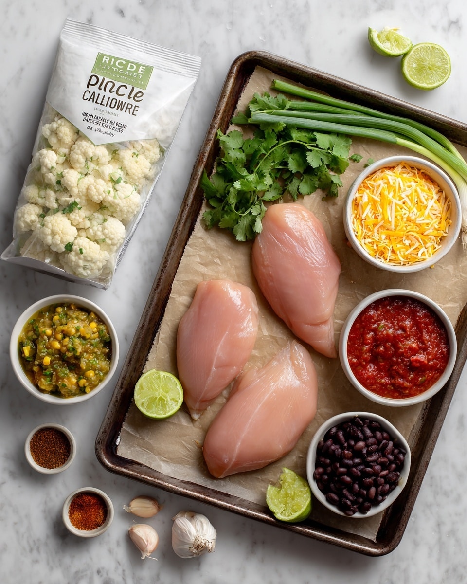 The image shows a baking tray with two raw pale pink chicken breasts placed on a piece of parchment paper near the lower center. Above them, there is a bunch of fresh green cilantro and three green onions arranged vertically. On the left side, a white bag labeled