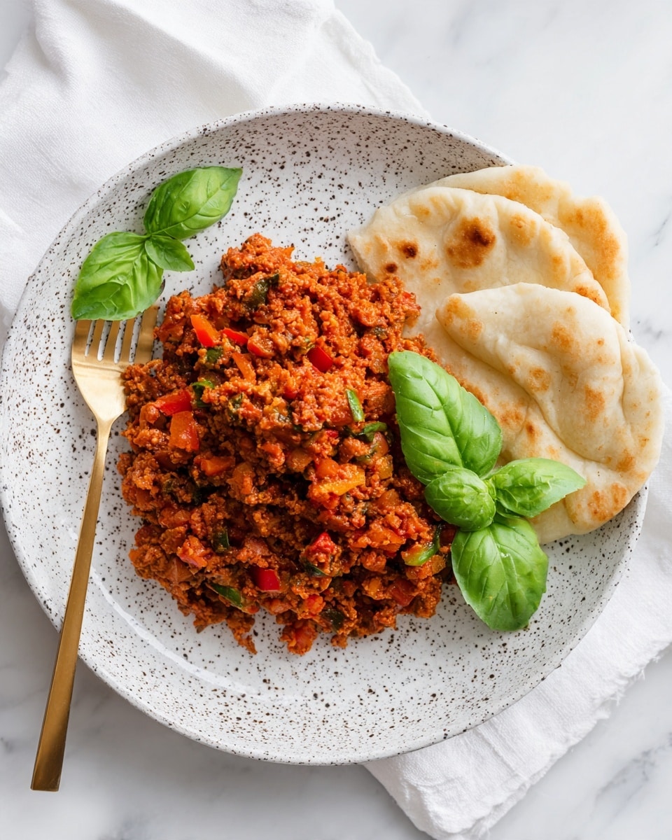A white plate with a speckled gray pattern holds a mound of cooked minced mixture with visible chunks of red and green bell peppers and small bits of onions. The mixture is rich reddish-brown with a slightly moist texture. To the right of the mound, there are two pieces of soft flatbread with light golden-brown spots. A bright green basil leaf is placed on top of the minced mixture, and a few more basil leaves lie near the flatbreads. A gold-colored fork rests diagonally on the plate on the left side. The plate sits on a white cloth napkin, and the surface beneath is white marble. Photo taken with an iphone --ar 4:5 --v 7