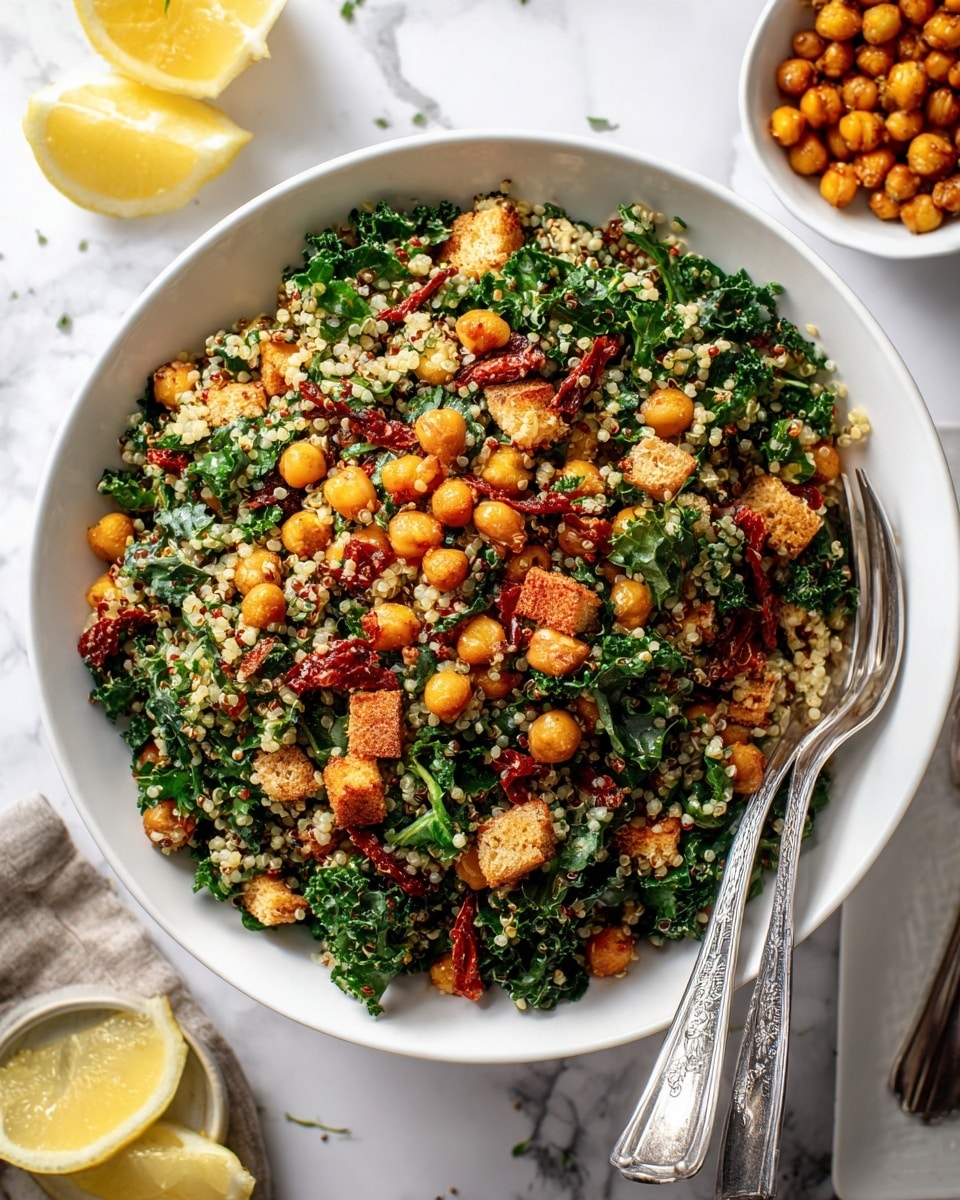 A white bowl filled with a colorful salad made of quinoa as the light, small grain base, mixed with bright green kale leaves, small golden chickpeas, and pieces of light brown toasted bread cubes scattered all over. The salad has some bits of red sun-dried tomatoes adding pops of darker color. A silver spoon and a silver fork rest inside the bowl on opposite sides, partly touching the salad. Nearby, there is a small white bowl full of golden roasted chickpeas and lemon wedges on a white marbled surface. Photo taken with an iphone --ar 4:5 --v 7