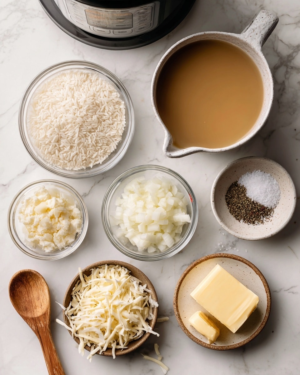 The image shows a top-down view of several clear glass bowls and a measuring cup on a white marbled surface with cooking ingredients laid out neatly. One bowl holds white rice grains, another has chopped white onions, a small bowl contains minced garlic cloves and salt, while another has shredded white cheese. The measuring cup is filled with light brown broth, and a small bowl has a portion of yellow butter. Next to these is a small bowl with black pepper and a wooden spoon resting on the surface. Part of a black rice cooker is visible at the top left. Photo taken with an iphone --ar 4:5 --v 7