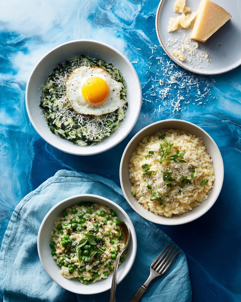 Three bowls of different risotto dishes are placed on a deep blue surface with a white marbled texture. The top left bowl, white in color, holds green risotto topped with a fried egg that has a bright yellow yolk, sprinkled with grated cheese and herbs. To its right is another white bowl filled with creamy risotto mixed with spinach and sliced scallions, also sprinkled with grated cheese. The bottom bowl, white as well, contains a lighter risotto garnished with green peas and fresh green herbs, placed on a light blue cloth napkin with a fork beside it. In the top right corner, there is a small white plate holding a wedge of cheese with some grated cheese scattered around. Photo taken with an iphone --ar 4:5 --v 7