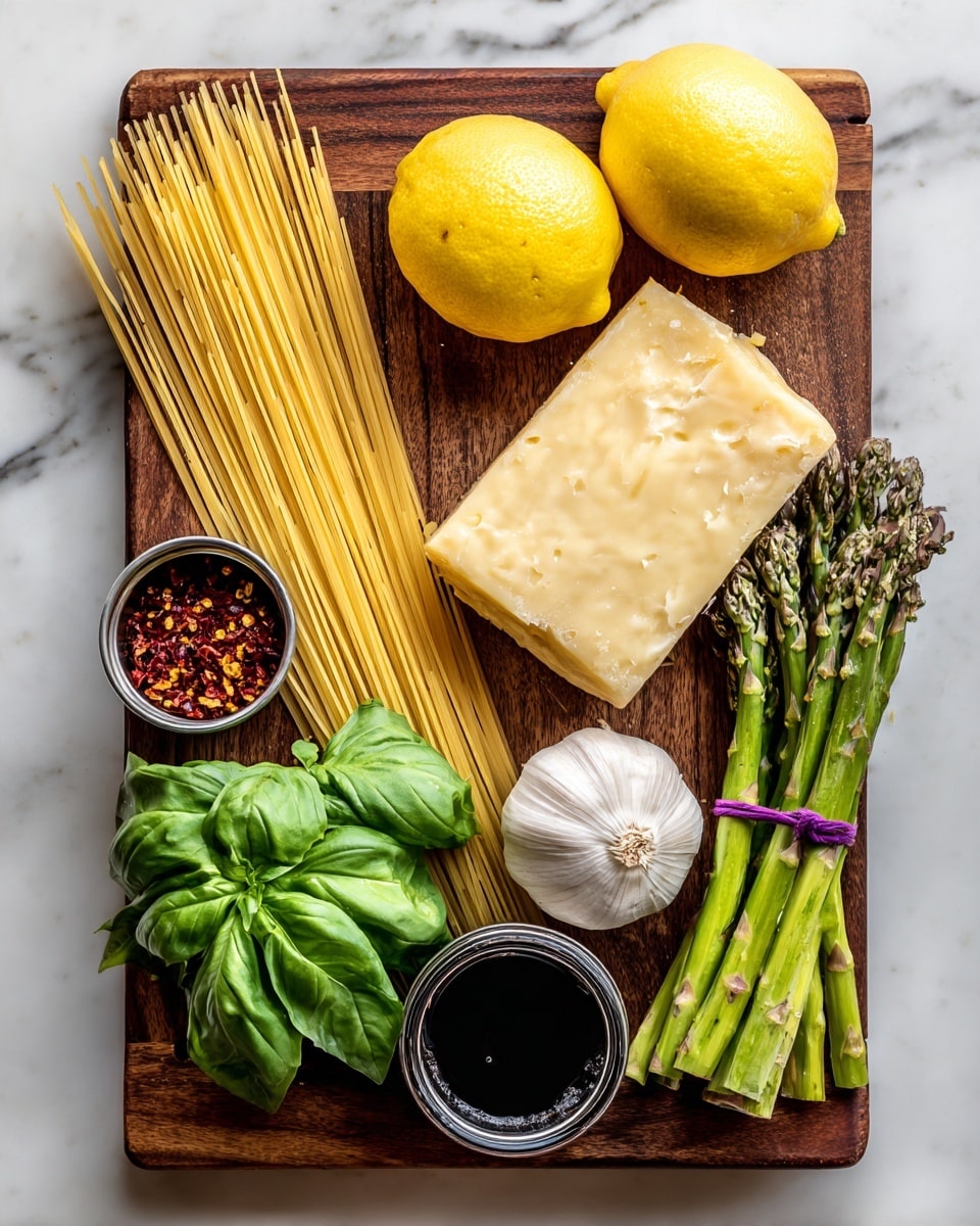 A dark wooden cutting board sits on a white marbled surface, holding uncooked pale yellow spaghetti fanned out vertically on the left side. To the right of the pasta is a large rectangular block of light yellow cheese. Above the cheese are two bright yellow lemons. Next to the lemons, on the right, is a bundle of fresh green asparagus tied with a purple band. Below the asparagus is a whole white garlic bulb. In the lower center part of the board is a small bunch of fresh green basil leaves. On the lower left side of the board, there is a small metal container filled with red chili flakes and a small round container with dark balsamic vinegar. Photo taken with an iphone --ar 4:5 --v 7