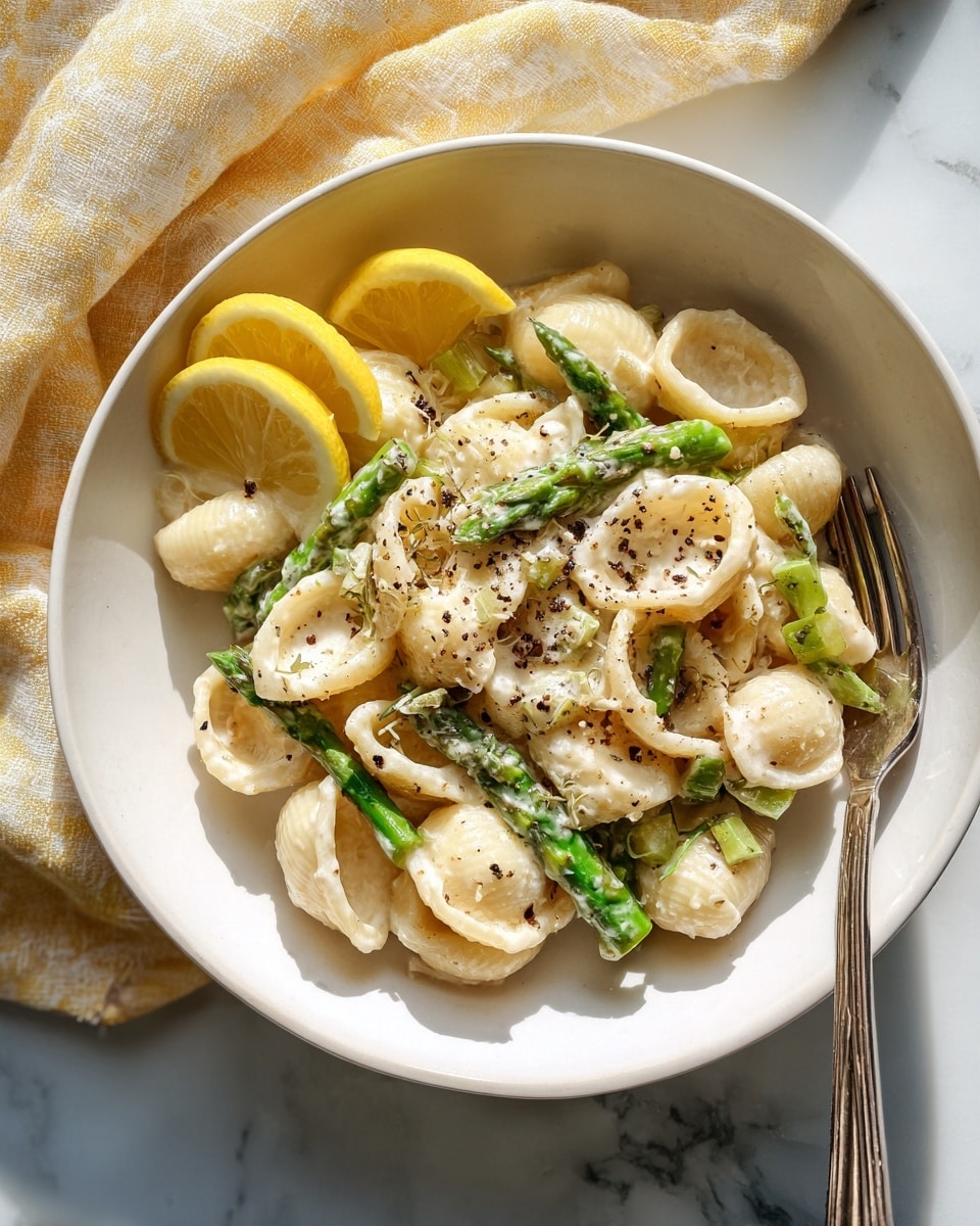 A white round plate holds a creamy pasta dish with three layers visible: the bottom layer is pasta shells with a smooth, light beige creamy sauce, the middle layer has green asparagus pieces scattered throughout, and the top layer is sprinkled with black pepper specks. On the left edge of the plate, three thin lemon slices slightly overlap each other. A silver fork lies diagonally on the right side of the plate, resting on the white marbled surface beneath. The scene is lit with soft natural light and a yellow and white cloth is draped at the top of the image photo taken with an iphone --ar 4:5 --v 7