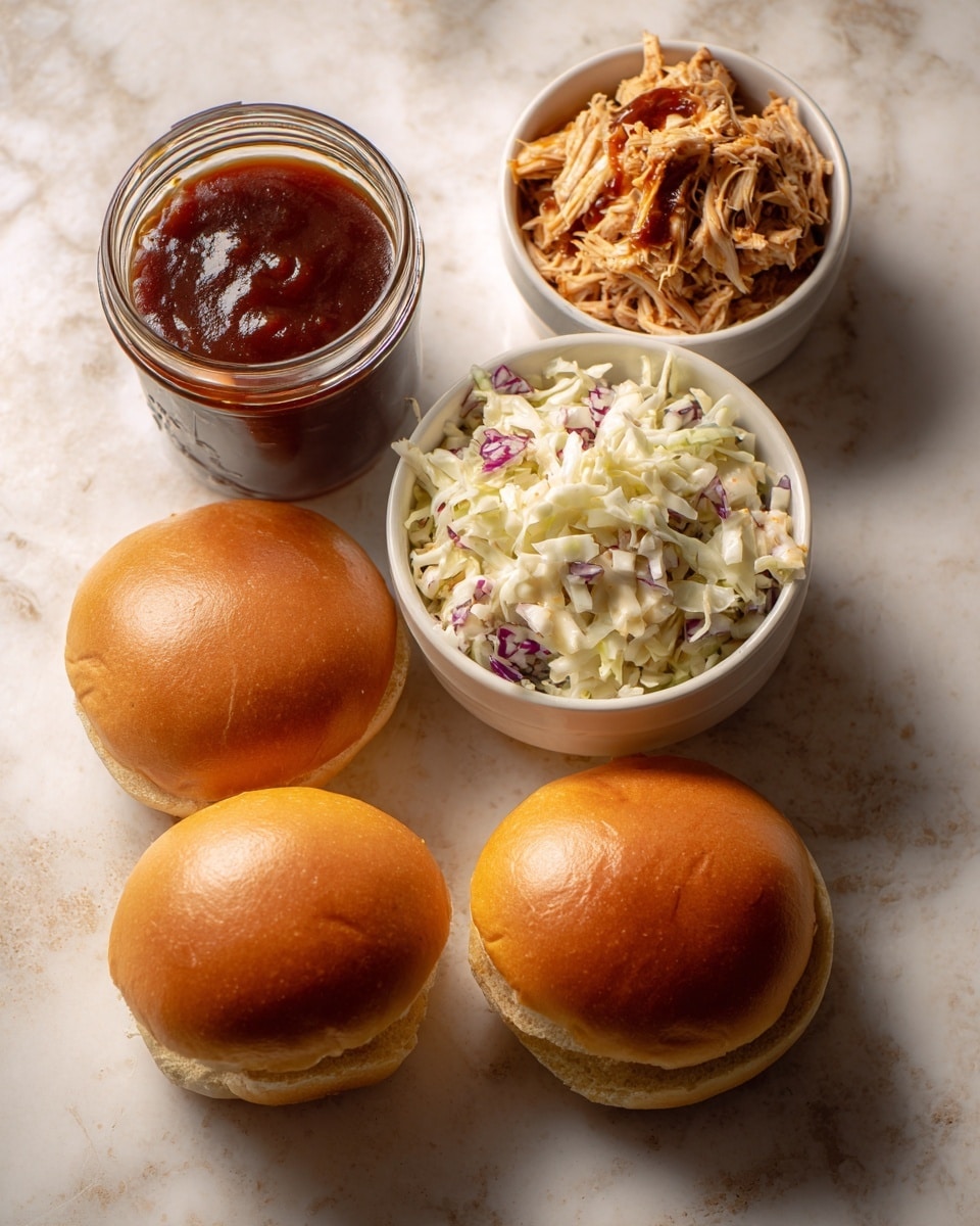 Apple BBQ Pulled Chicken Sandwiches Recipe 4 The image shows a white marbled surface with four shiny brown burger buns arranged in a loose square. Above the buns, there are three small round white bowls: one with shredded cooked chicken mixed with a reddish sauce, one with coleslaw made of shredded cabbage and carrots in a creamy dressing, and a jar of original apple sauce tilted on its side. To the left of the bowls is a glass jar filled with a thick, dark reddish-brown sauce. Photo taken with an iphone --ar 4:5 --v 7
