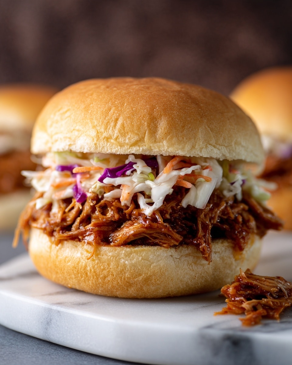 Apple BBQ Pulled Chicken Sandwiches Recipe 5 A close-up of a sandwich on a soft, golden brown bun with three visible layers: the bottom bun is light and fluffy, the middle layer is filled with shredded, saucy brown meat with a moist texture, and the top layer shows a mix of shredded cabbage and carrots with white and purple colors for a fresh look. A small piece of meat sits next to the sandwich on a white marbled surface, with a blurred dark brown background. Photo taken with an iphone --ar 4:5 --v 7