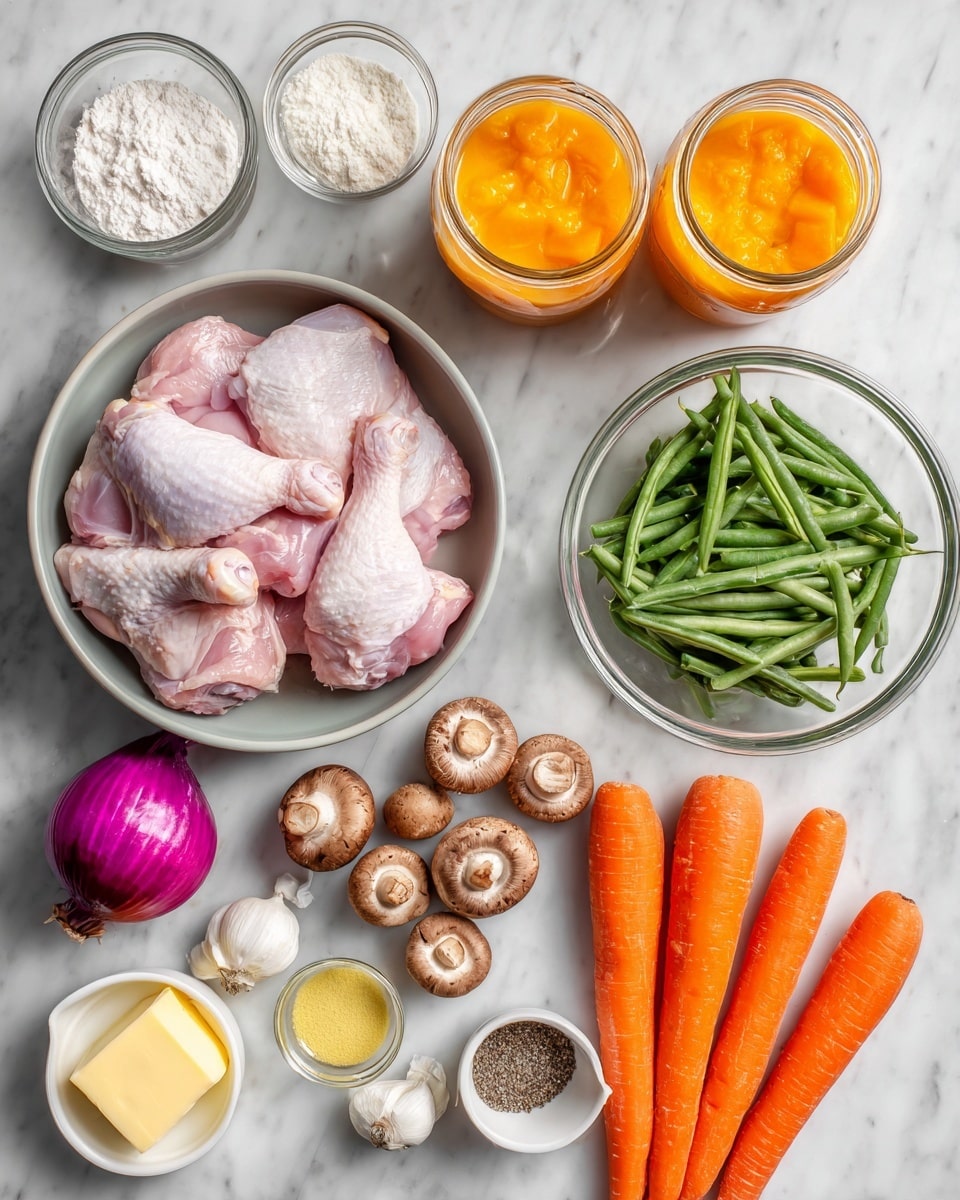 Apricot Chicken in a Sweet and Savory Apricot Glaze Recipe 4 A top view shows several cooking ingredients on a white marbled surface: in the center, a grey bowl holds raw chicken thighs with pink and light white skin; above it are two glass jars filled with smooth orange sauce and orange chunks; to the right, a clear glass bowl contains frozen green beans with a light frost; next to it are two whole orange carrots lying flat; below the carrots, a white bowl holds brown mushrooms with a textured surface; near the bottom left, a whole purple onion with roots and a block of pale yellow butter sit next to small glass bowls of white flour, yellow powder, and salt and pepper mix; two garlic cloves rest just beside the salt. photo taken with an iphone --ar 4:5 --v 7