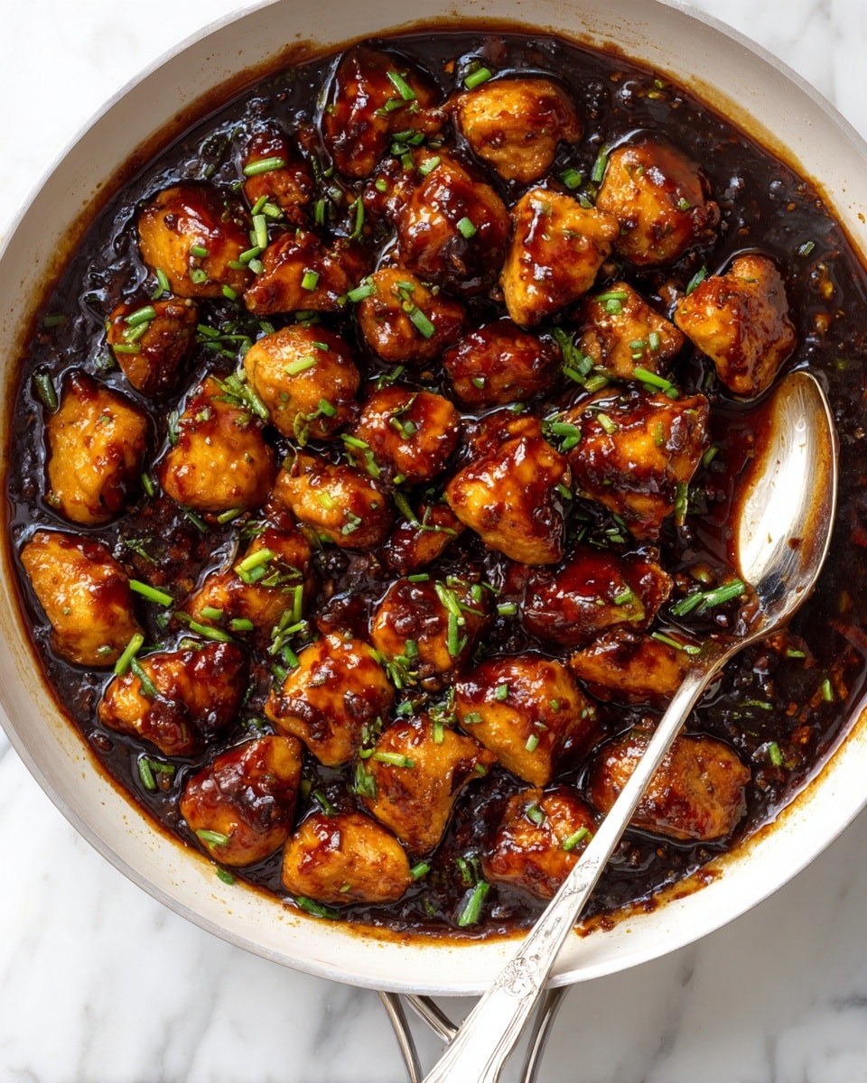 Apricot Chicken in a Sweet and Savory Apricot Glaze Recipe 5 The image shows a white pan filled with many small pieces of chicken covered in a shiny, thick dark brown sauce. The chicken pieces are golden and slightly crispy on the outside, resting on a glossy coating of sauce at the bottom of the pan. Scattered on top are bright green chopped scallions adding color contrast. A silver spoon rests inside the pan, partially covered by the chicken and sauce. The pan sits on a white marbled surface. photo taken with an iphone --ar 4:5 --v 7