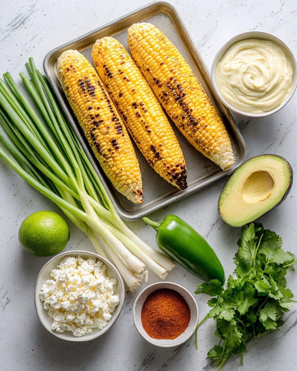 Mexican Grilled Corn Dip Recipe 4 The image shows two grilled corn cobs with golden yellow kernels and some dark grill marks, placed side by side on a white rectangular metal tray at the top left. To the right, there is a white bowl filled with smooth, creamy white sauce. Below the tray and bowl, fresh green onions lay flat with their white and light green stalks spreading out. Next to the onions is a green chili pepper, and beside it is a white bowl filled with crumbly white cheese. Below the cheese, there is half an avocado with a dark pit visible in one half and the smooth green flesh exposed. To the right of the avocado is a small bunch of fresh cilantro with bright green leaves. Above the cilantro, there is a whole lime with deep green skin, and nearby is a small white bowl containing a reddish-orange powder, possibly a spice. The whole scene is set on a white marbled texture background. photo taken with an iphone --ar 4:5 --v 7