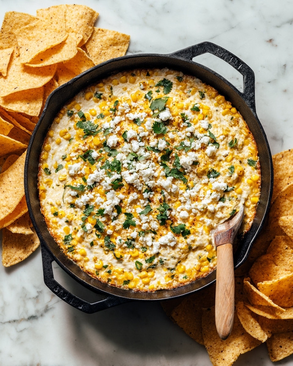 Mexican Grilled Corn Dip Recipe 5 A round black cast iron skillet is filled with a creamy cheesy dip that has visible layers of roasted yellow corn kernels and bits of green herbs mixed throughout. On top, there is a layer of white crumbled cheese and fresh green cilantro leaves scattered evenly. The skillet sits on a white marbled surface with a spoon resting inside, its handle wooden and light brown. Around the skillet on the left side, there are many round tortilla chips in a stack. The photo is taken with an iphone --ar 4:5 --v 7
