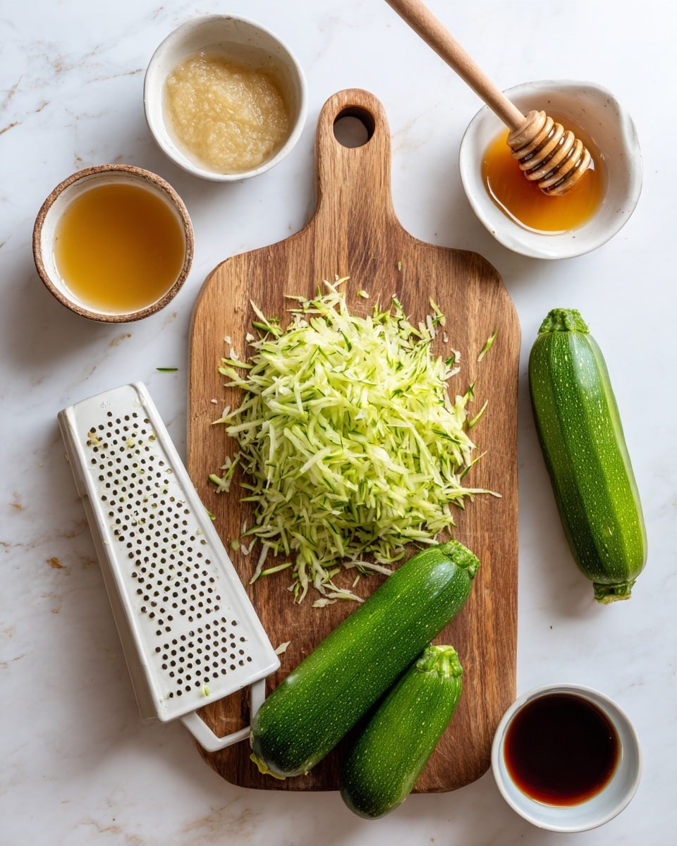 The image shows a wooden cutting board on a white marbled surface with shredded green zucchini piled in the center. On the board are three whole small green zucchinis, one partially shredded on a white grater with bits of zucchini scattered around. Surrounding the board are three small white bowls: one with a beige chunky sauce, another with a clear amber liquid and a wooden honey dipper resting on the bowl, and the last with a small amount of dark brown liquid. photo taken with an iphone --ar 4:5 --v 7