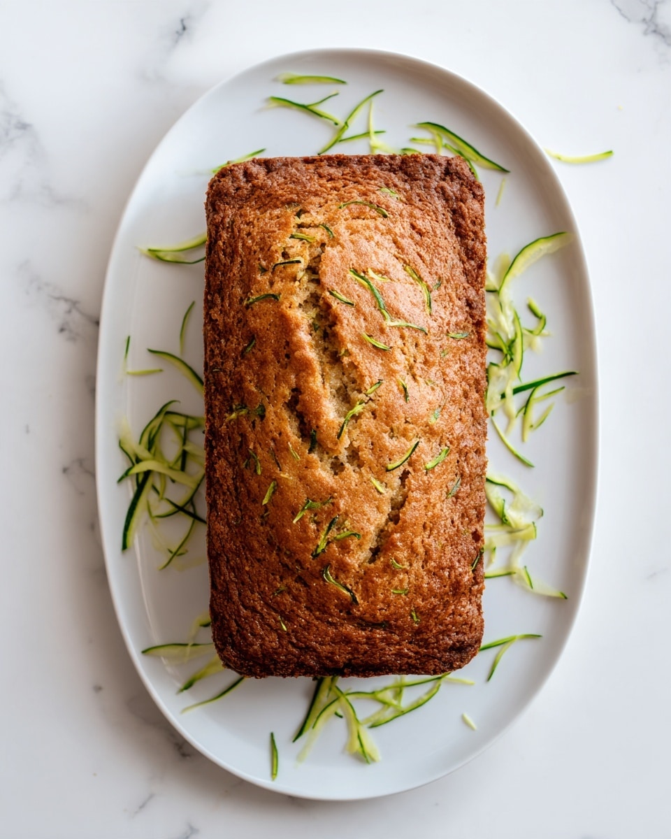 A rectangular zucchini bread loaf is placed in the center of a simple white plate. The loaf has a golden-brown crust with visible green strands of shredded zucchini baked into the top surface, giving it a textured and slightly uneven look. Around the loaf on the plate, there are scattered thin shreds of fresh zucchini, adding a touch of green contrast. The plate rests on a white marbled surface that provides a clean and bright background. photo taken with an iphone --ar 4:5 --v 7