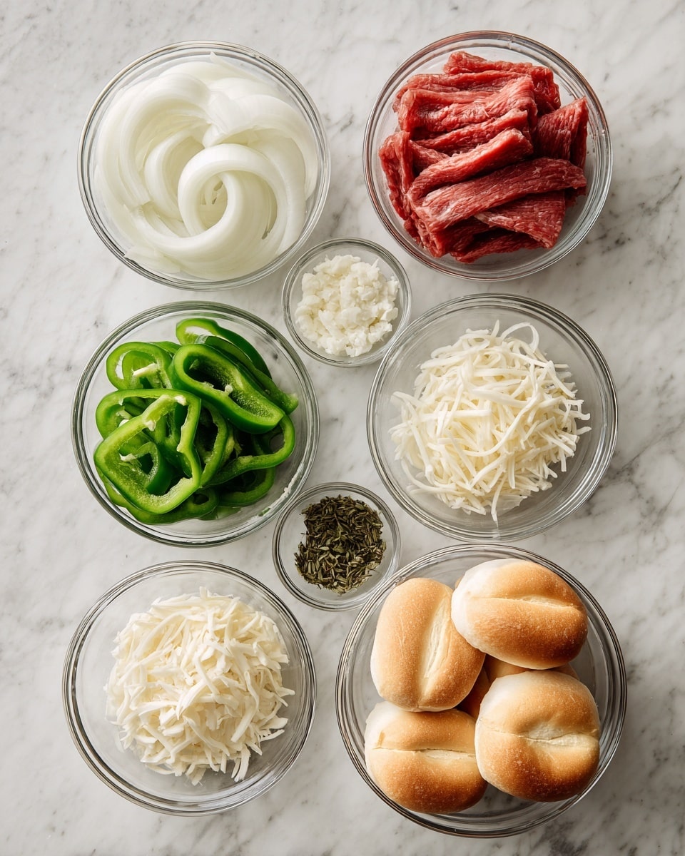 The image shows seven clear glass bowls on a white marbled surface, each holding different ingredients neatly arranged in a flat lay. The top left bowl holds white, thick onion rings, while the top center bowl contains a creamy, white mixture. The top right bowl is filled with thin slices of red raw beef. Below the onions on the left is a bowl of green bell pepper slices. The middle bottom bowl holds shredded white cheese. Below that and to the left is a small bowl with chopped garlic, and to the right is a small bowl with dried green herbs. Finally, on the right side of the image, a bowl holds four golden brown sandwich rolls with slightly crispy crusts. The photo taken with an iphone --ar 4:5 --v 7
