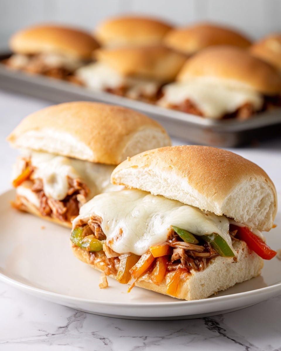Two sandwiches are placed on a white plate over a white marbled surface. Each sandwich consists of a soft, light brown bun split open and filled with three layers: the bottom layer is a mix of cooked orange and green bell peppers and onions with a tender texture; the middle layer is thin shredded dark brown meat scattered across the vegetables; the top layer is melted pale yellow cheese with some light brown spots, draped over the meat and vegetables. The background shows more sandwiches on a baking tray, blurred to focus on the front ones. Photo taken with an iphone --ar 4:5 --v 7
