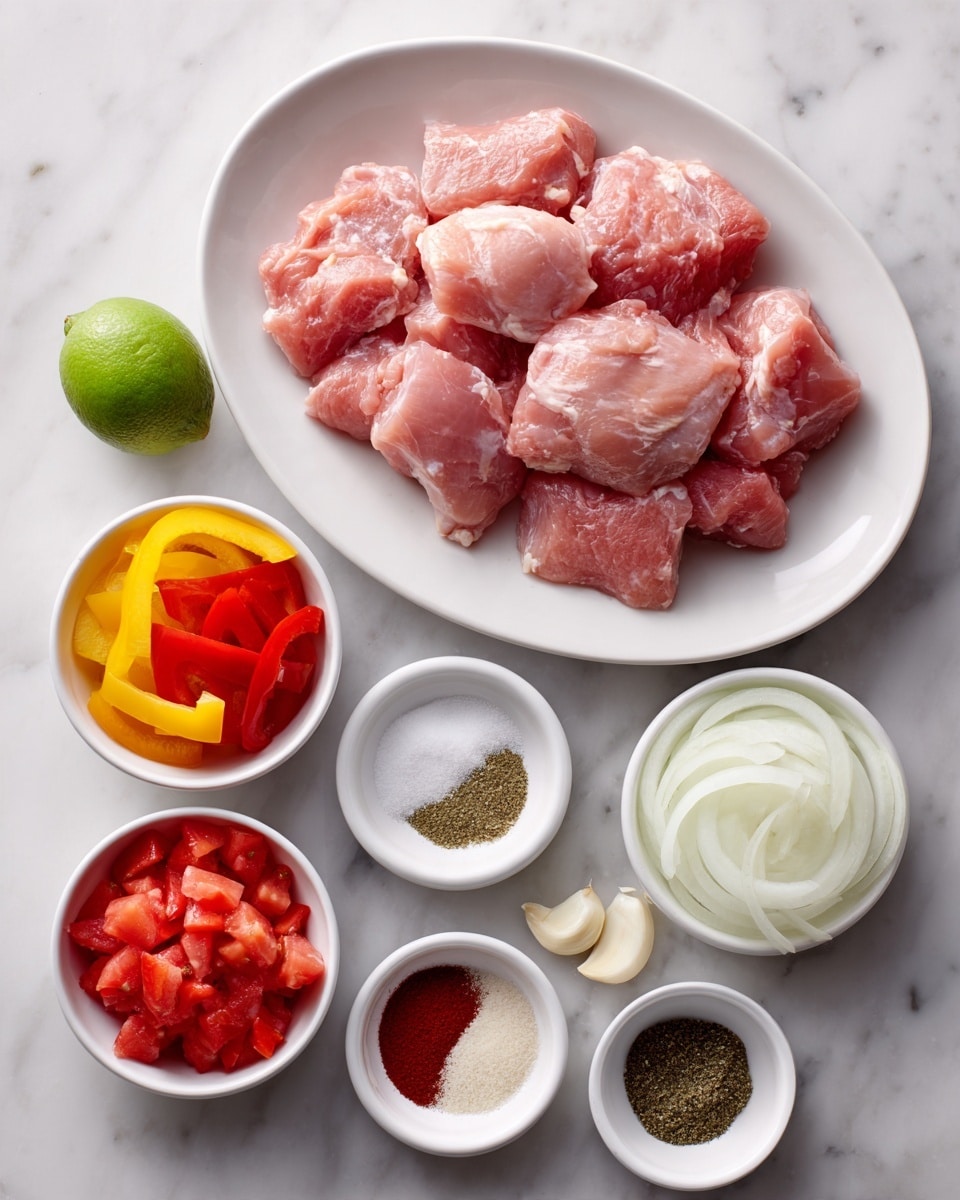 The image shows four raw, pink chicken pieces placed on a white oval plate at the top center. Below, there are multiple small white bowls arranged neatly on a white marbled surface: sliced red and yellow bell peppers in one bowl, round slices of white onion in another, and a bowl with red tomato chunks. There are also small white bowls containing various spices: dark red powder, greenish-brown powder, white salt, and black pepper. Additionally, two peeled garlic cloves are visible in a small white bowl near the center. A whole green lime is placed to the left side of the chicken plate. The overall setup is clean and organized, with the white marbled background making the colors of ingredients clear and bright. photo taken with an iphone --ar 4:5 --v 7