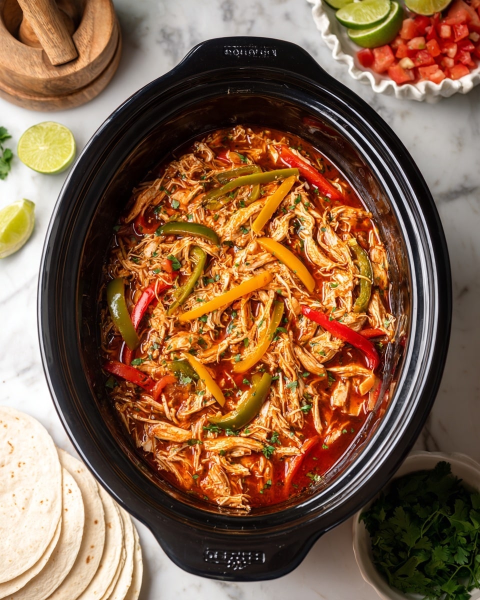 Inside a black slow cooker, there is a colorful mix of shredded chicken and sliced bell peppers in red, yellow, and green colors. The chicken pieces are light brown and soft-looking, mixed with the bright, smooth-textured peppers. The dish has a reddish sauce coating the ingredients, adding a glossy shine to the mix. The slow cooker sits on a white marbled surface with a stack of white corn tortillas on the bottom left, green herbs at the bottom right, a white bowl of diced tomatoes and onions at the top right, and some cut lime pieces on a white scalloped plate at the top left. A wooden citrus juicer is next to the lime plate. Photo taken with an iphone --ar 4:5 --v 7