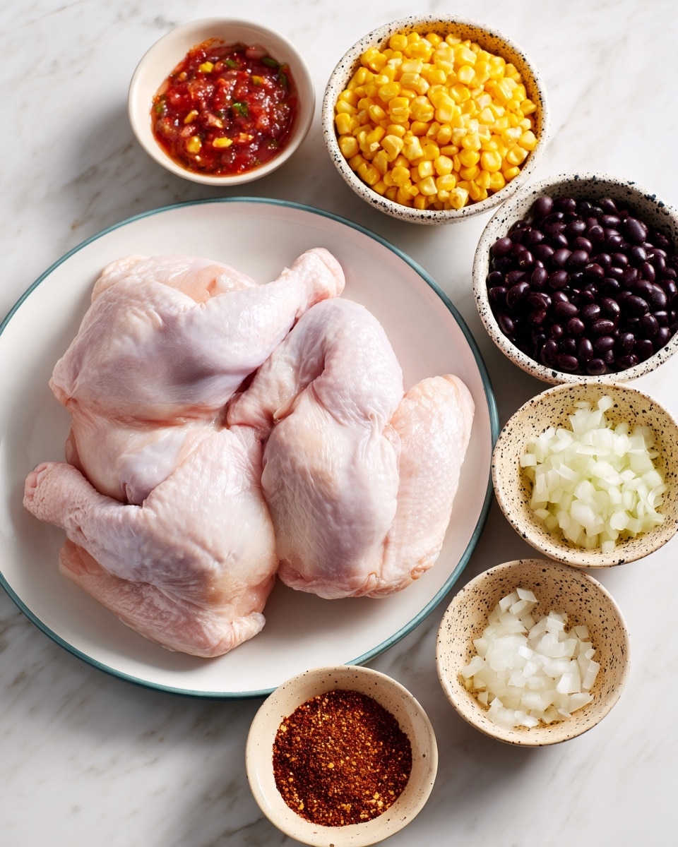 The image shows two raw pale pink chicken pieces laid on a white plate with a light blue rim, placed on a white marbled surface. Around the plate are five small beige bowls with black speckles, each containing different ingredients: dark black beans, bright yellow corn kernels, red chunky salsa, finely chopped white onions, and minced garlic. A small white bowl contains a reddish-brown spice mix. All the bowls are arranged around the main plate, creating a colorful ingredient layout. photo taken with an iphone --ar 4:5 --v 7