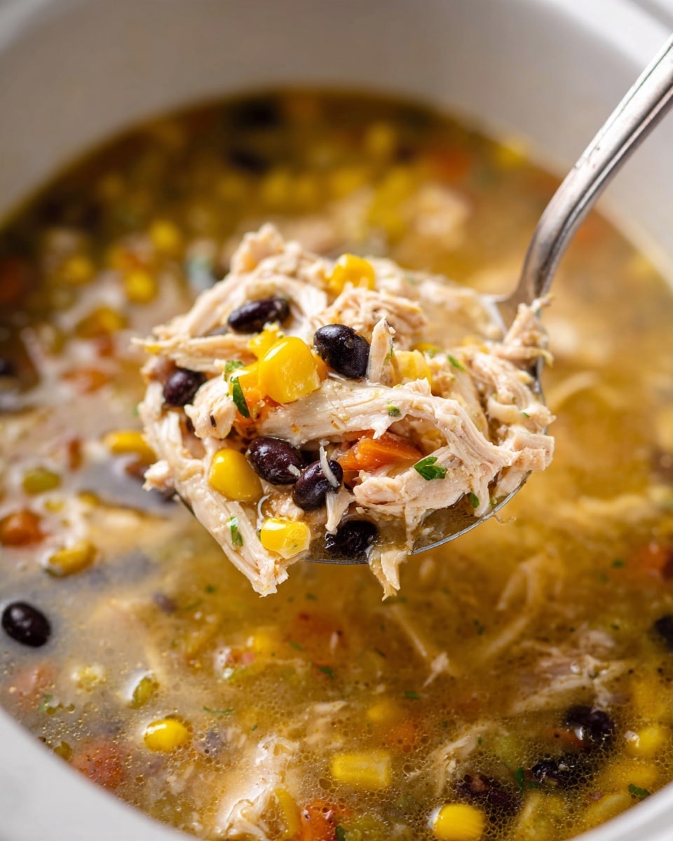 A close-up view of shredded chicken mixed with yellow corn kernels and small black beans in a white slow cooker, showing a spoon lifting a portion that has a light brown broth with visible small pieces of chicken and colorful vegetables. The spoon's metal surface contrasts with the soft textures in the slow cooker, all set against a white marbled background. photo taken with an iphone --ar 4:5 --v 7