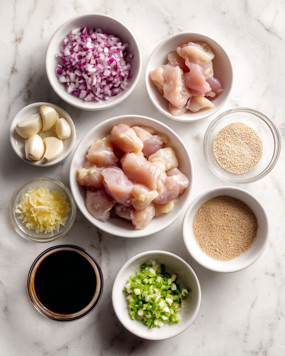 The image shows several small white bowls arranged on a white marbled surface, each holding different ingredients. At the center, there is a larger bowl filled with pieces of raw chicken with a pale pink color and a smooth texture. To the right of it, there is another white bowl with more raw chicken pieces, slightly smaller in size. Below this, a small white bowl holds whole peeled garlic cloves that are creamy white. Near the bottom left, a bowl contains a dark soy sauce with a glossy surface. Above that, a tiny glass bowl has finely grated ginger, pale yellow in color. To the upper left, a bowl is filled with finely chopped red onions, purplish-red in tone and with a slightly uneven texture. Above it, a white bowl holds scattered sesame seeds, beige and tiny. In the center, a small glass bowl contains finely chopped green chili peppers, bright green. To the right of the garlic, a white bowl holds light brown sugar with a fine, grainy texture. The arrangement is neat and evenly spaced. Photo taken with an iphone --ar 4:5 --v 7