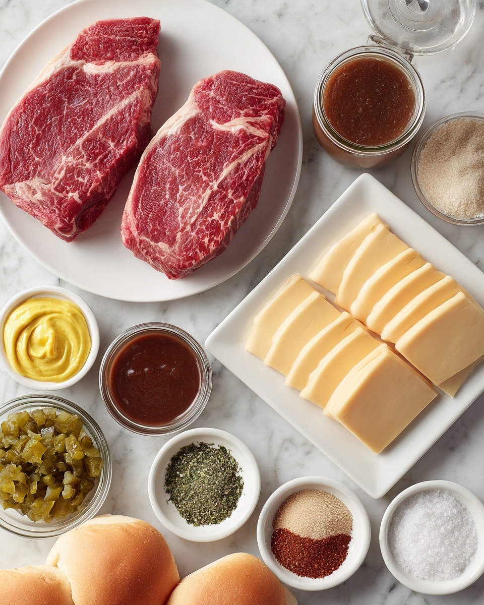 A large white plate holds two raw red steaks with visible white fat marbling, placed side by side in the upper left. To the right, a white square plate displays two neat rows of pale yellow cheese slices arranged in overlapping circles. Below the steak, a small white bowl contains bright yellow mustard with a smooth texture. Next to it, a tiny white bowl holds two light brown sugar scoops. To the left of the mustard, there is a small glass jar of finely chopped green pickles, and just above it, a glass bowl filled with dark brown barbecue sauce with a smooth surface. Below all this, a round white plate shows five spice piles: red, light beige, white flour, dried green herbs, and another light beige powder arranged in small groups. To the right of that, are small white bowls holding coarse salt and cracked black pepper. Finally, around the edges, several soft white bread rolls and hot dog buns are scattered. All items rest on a white marbled surface. photo taken with an iphone --ar 4:5 --v 7