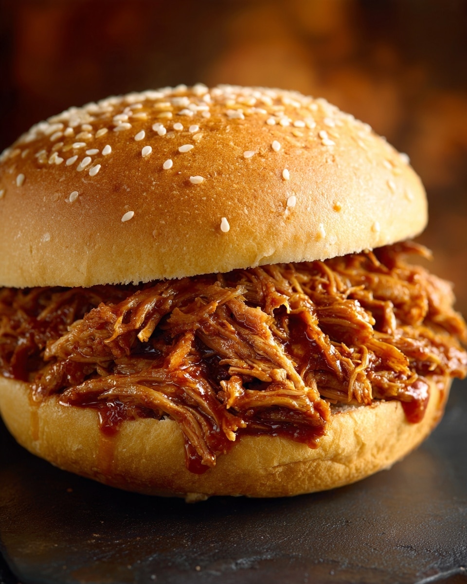 A close-up of a pulled meat sandwich on a sesame seed bun. The sandwich has one thick layer of shredded, brown meat with a slightly shiny texture, piled high between the soft, golden brown top and bottom bun. The background is out of focus, showing warm tones, and the sandwich sits on a dark surface that contrasts with the colors of the meat and bun. photo taken with an iphone --ar 4:5 --v 7