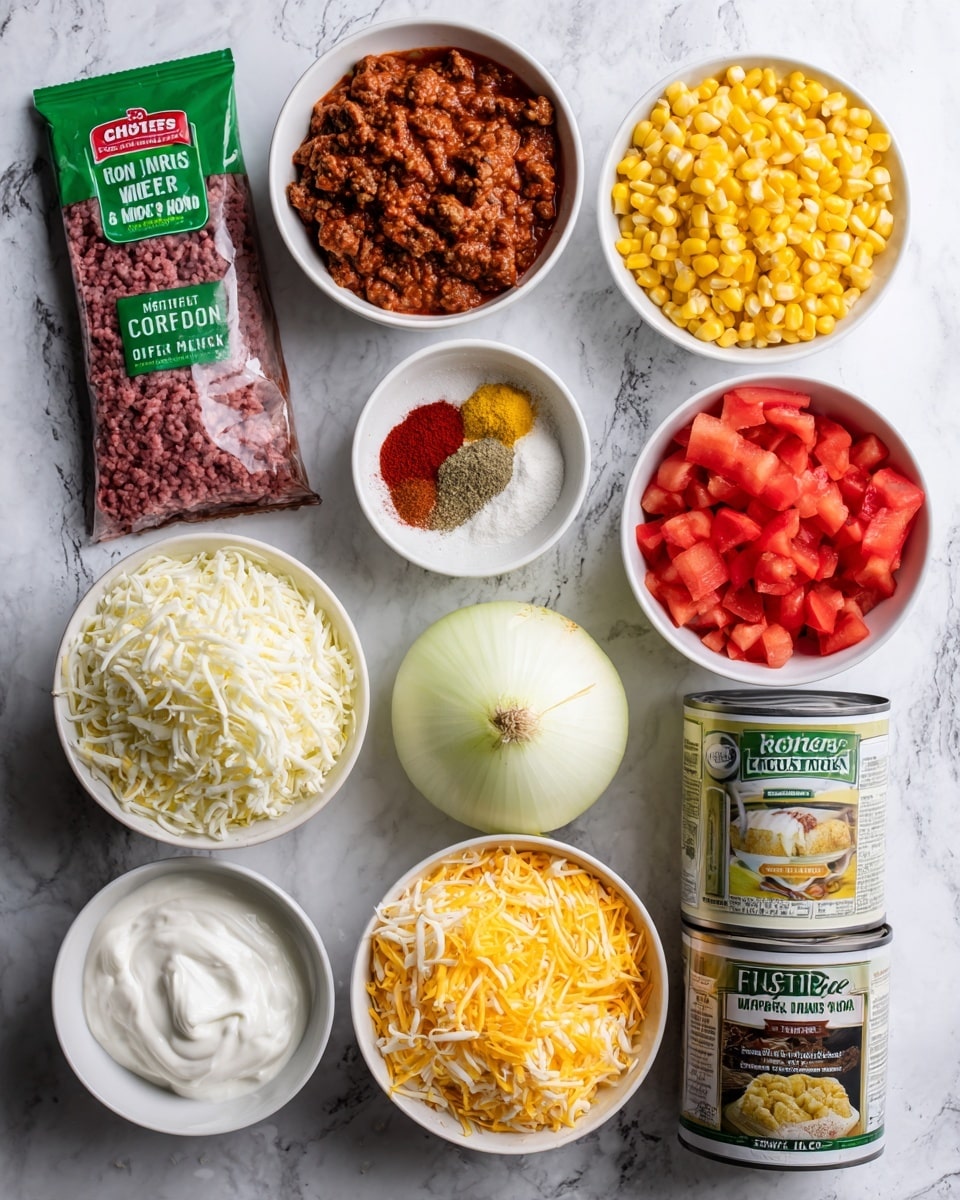 The image shows a baking tray with various ingredients neatly arranged on a white marbled surface. There is a packet of ground beef at the top left, next to a white bowl filled with yellow corn kernels. To the right is another white bowl holding a mix of red spices and white powder. Below the spices, diced bright red tomatoes fill another white bowl. In the center is a white bowl piled with shredded yellow and white cheese. On the bottom left is a box of cornbread and muffin mix, and to the right of it is a dollop of white thick sour cream in a white bowl. Next to the sour cream is a whole white onion. There are two cans, one with green chilies and the other with red enchilada sauce, stacked side by side, and a can of black beans stands next to them on the right. The colors are vibrant and the textures vary from smooth to crumbly, all set against the clean backdrop. photo taken with an iphone --ar 4:5 --v 7