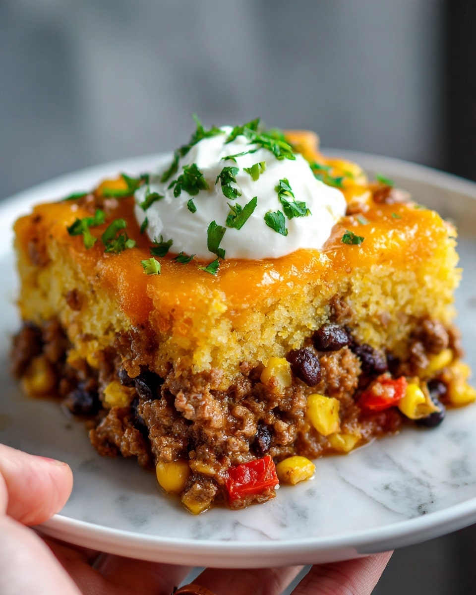 The image shows a slice of layered casserole on a white plate with a white marbled background. The bottom layer is a mix of cooked ground meat, black beans, corn kernels, and small pieces of red bell pepper, giving it a colorful, chunky texture. Above this is a thick, soft layer of cornmeal or cornbread, golden yellow with a slightly crumbly texture. The top layer is melted cheddar cheese, bright orange and smooth, covering the cornbread. On top of the cheese, there is a dollop of white sour cream, garnished with small green herb pieces. The plate is partly held by a woman's hand. Photo taken with an iphone --ar 4:5 --v 7