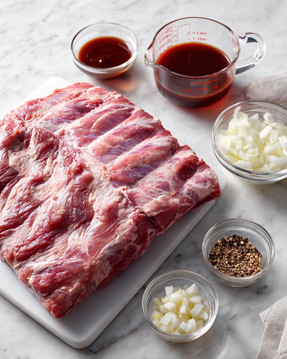 A large rack of raw ribs with pink and white marbling lies on a white cutting board, placed on a white marbled surface. To the right, small clear glass bowls hold sliced white onions, minced garlic, and a mix of salt and pepper, arranged neatly. Two clear glass measuring cups contain water and a deep red barbecue sauce. The setup is clean, simple, and ready for cooking, with bright natural lighting that highlights the fresh ingredients. photo taken with an iphone --ar 4:5 --v 7